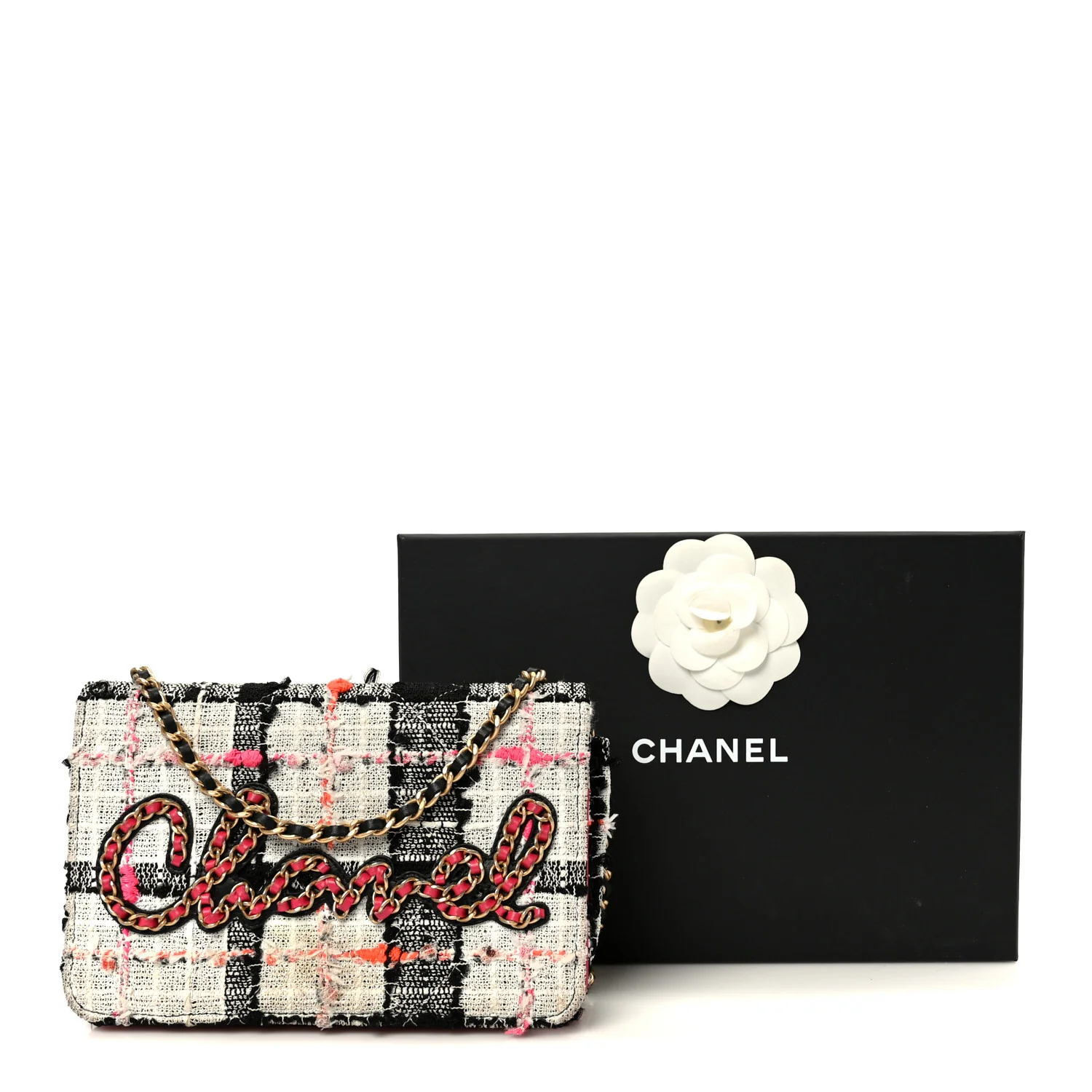 Tweed Calfskin Signe Wallet On Chain WOC Black Pink Orange - Image 12