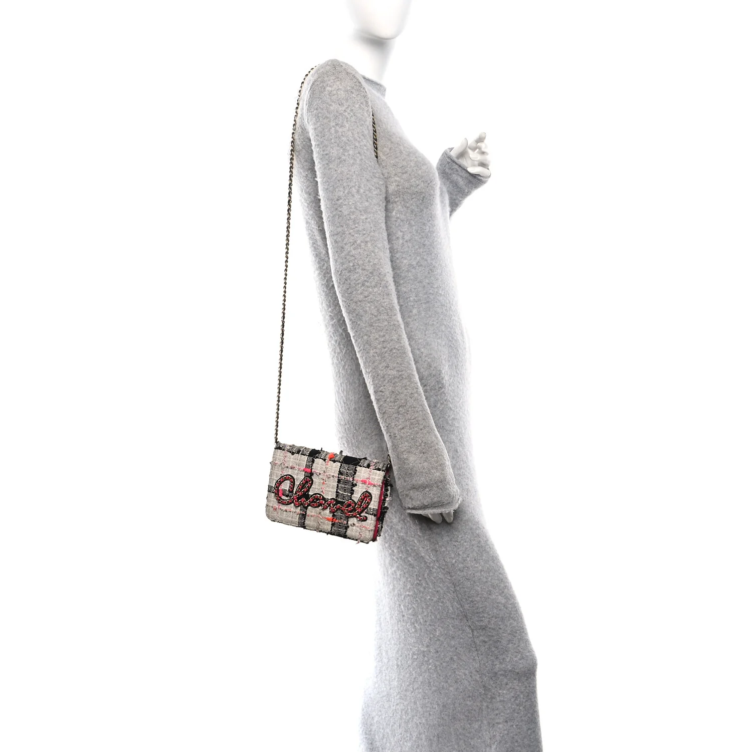 Tweed Calfskin Signe Wallet On Chain WOC Black Pink Orange - Image 2