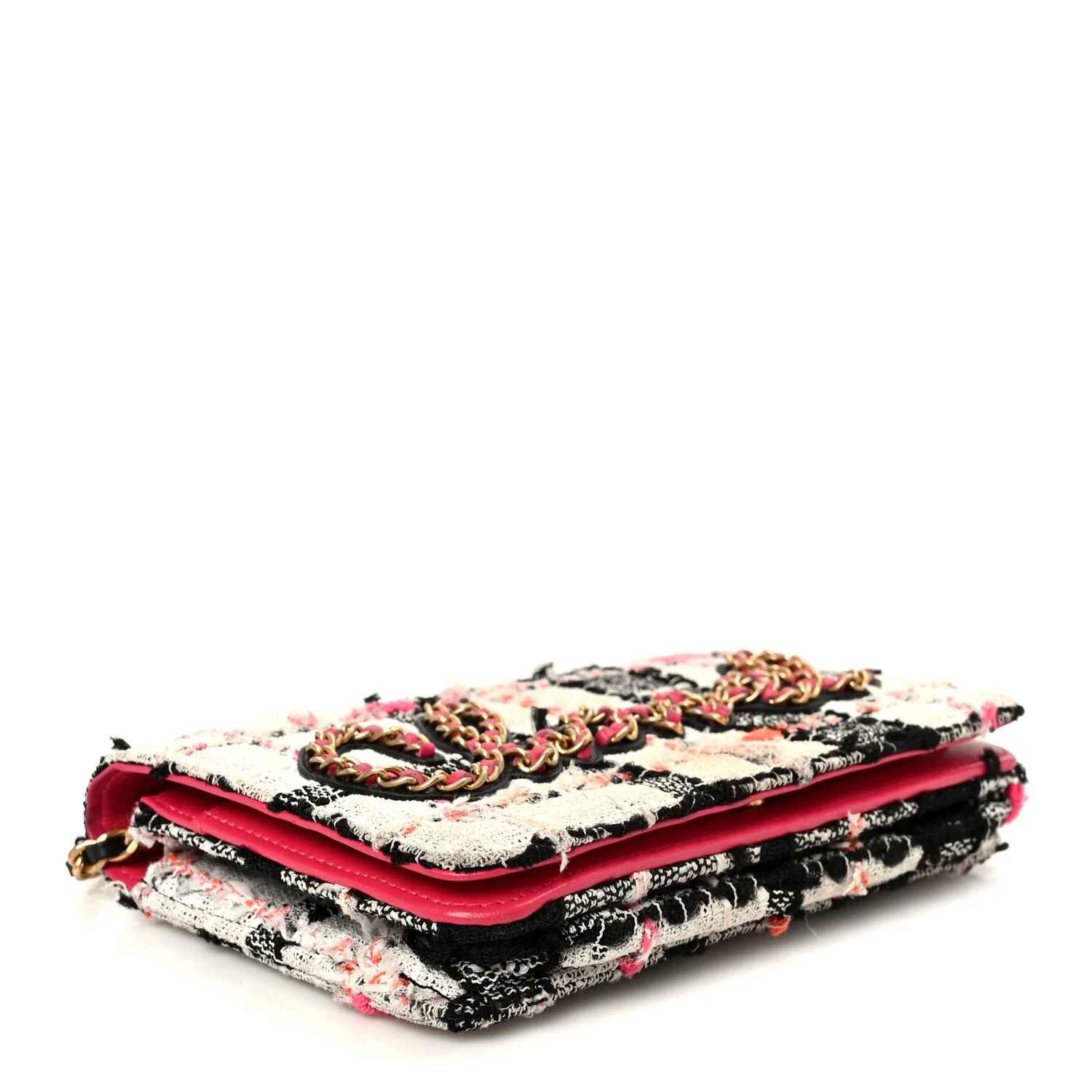 Tweed Calfskin Signe Wallet On Chain WOC Black Pink Orange - Image 4
