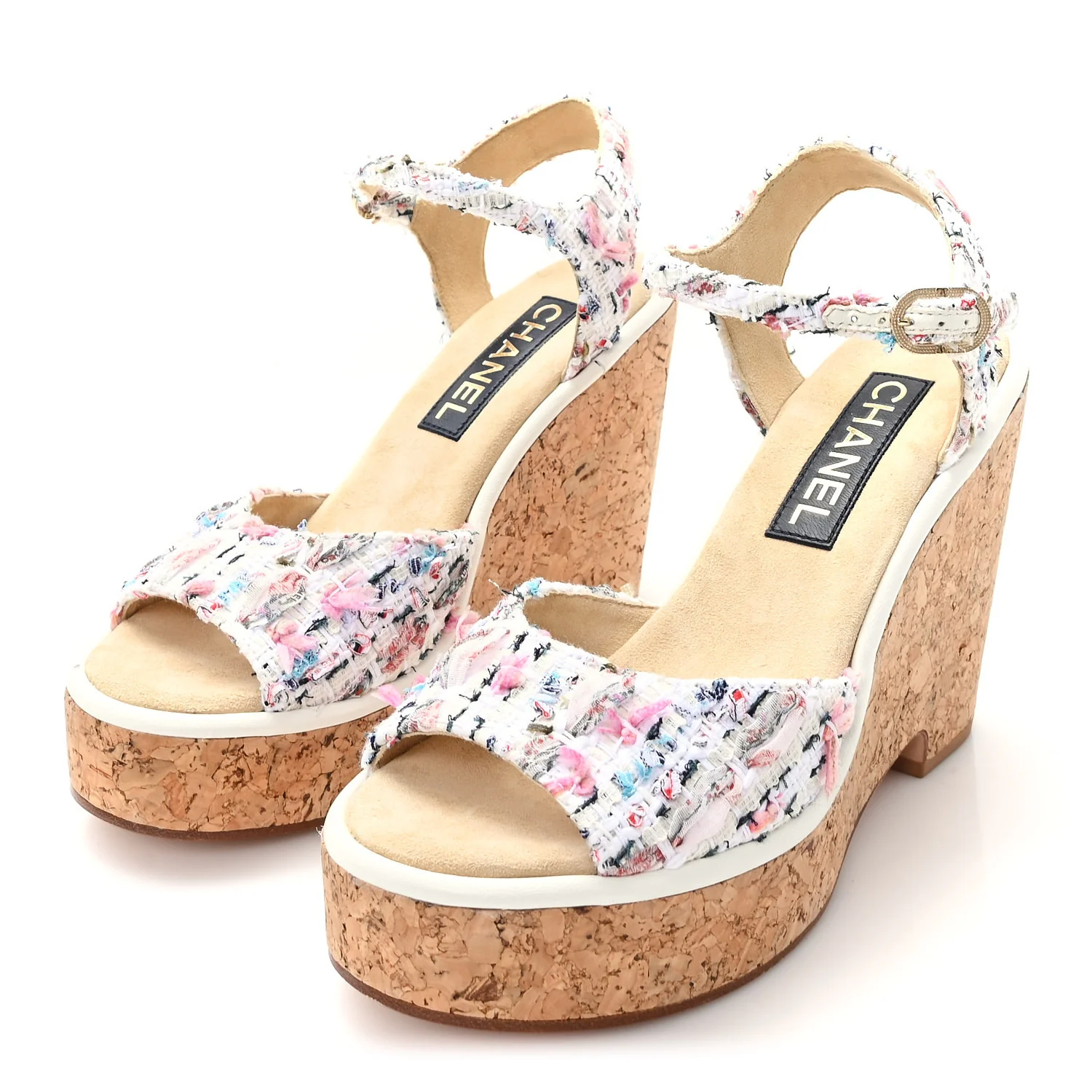 Tweed Cork CC Wedge Sandals 39 Ecru Pink Blue Green - Image 4