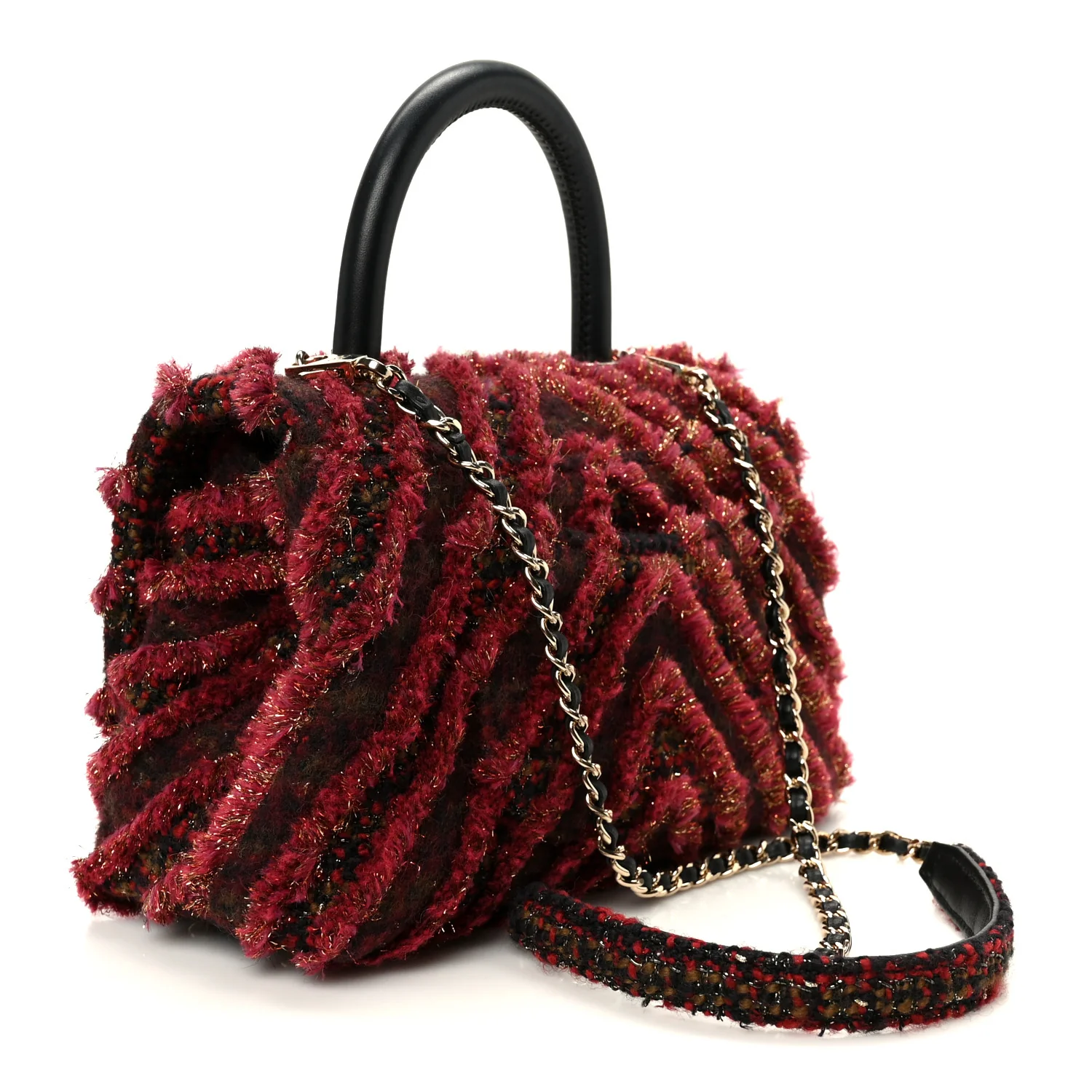 Tweed Fringe Mini Coco Handle Flap Red Black - Image 3