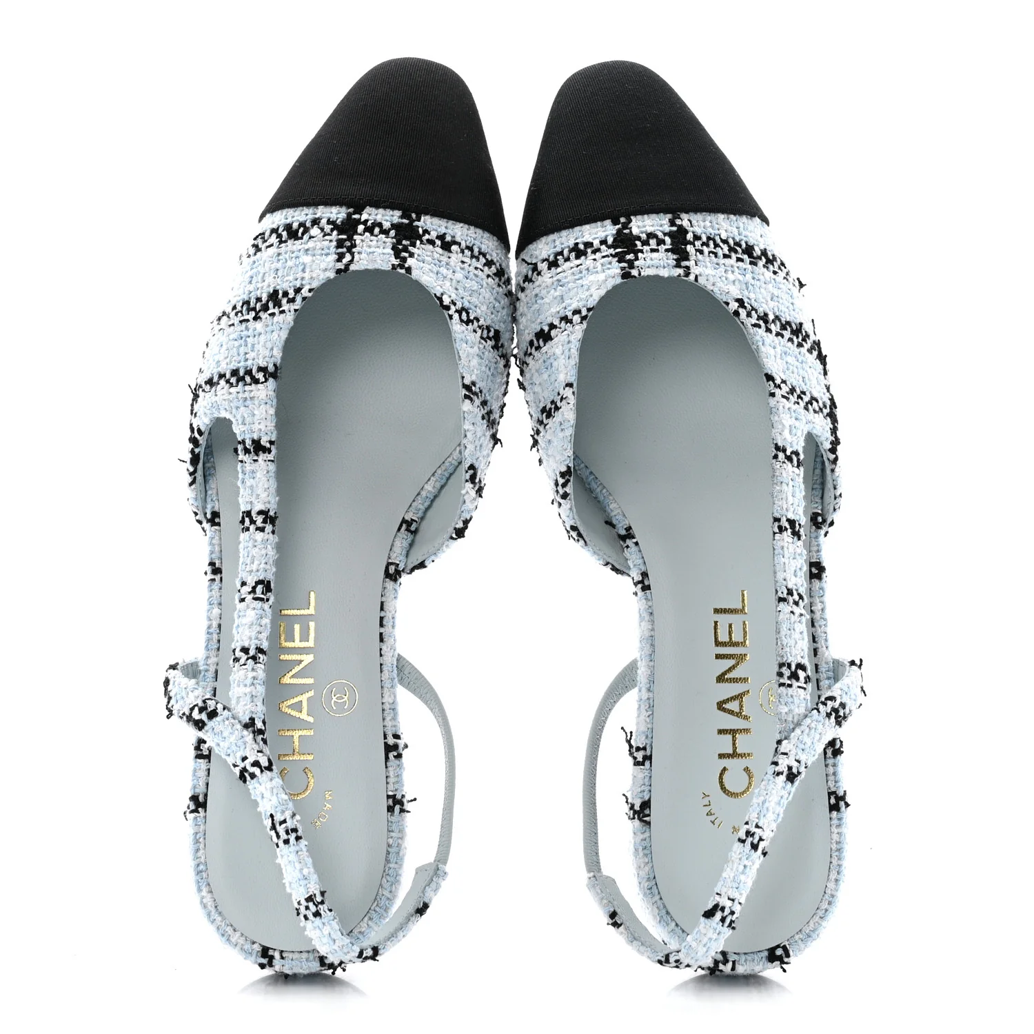 Tweed Grosgrain Cap Toe Slingback Flats 37 Blue White Black - Image 2