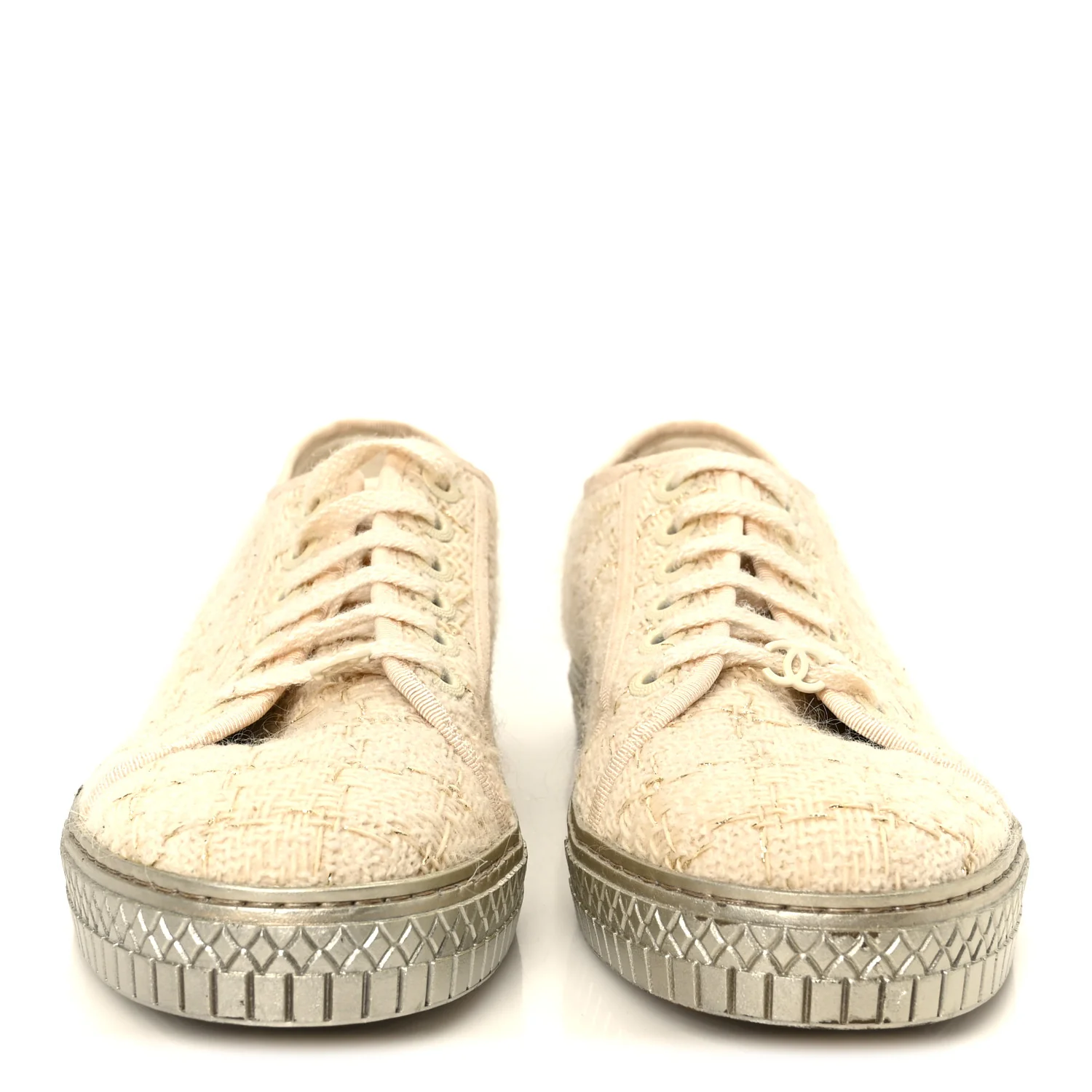 Tweed Lace Up Sneakers 39 Gold Ecru - Image 3