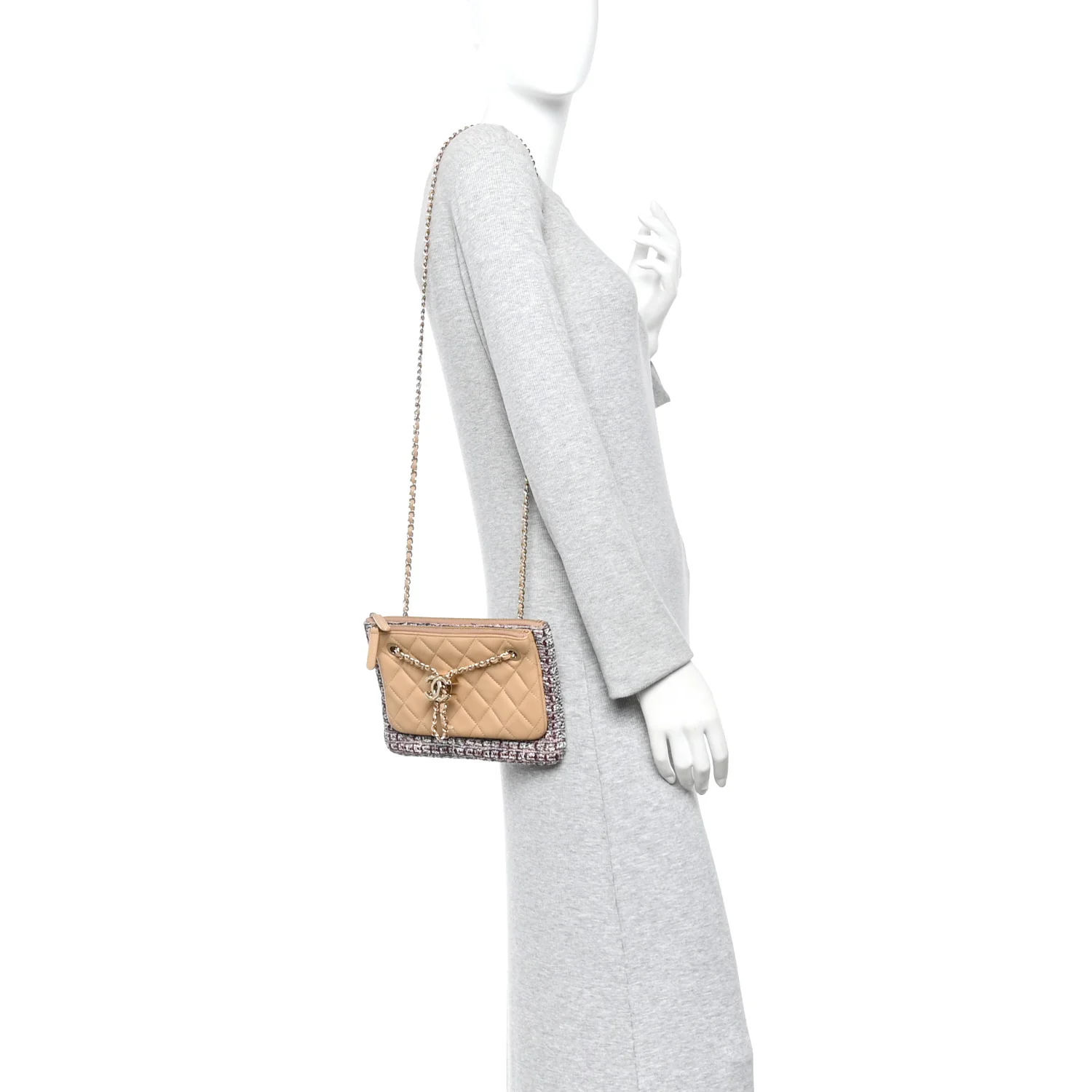 Tweed Lambskin Quilted Pouch Beige Multicolor - Image 2
