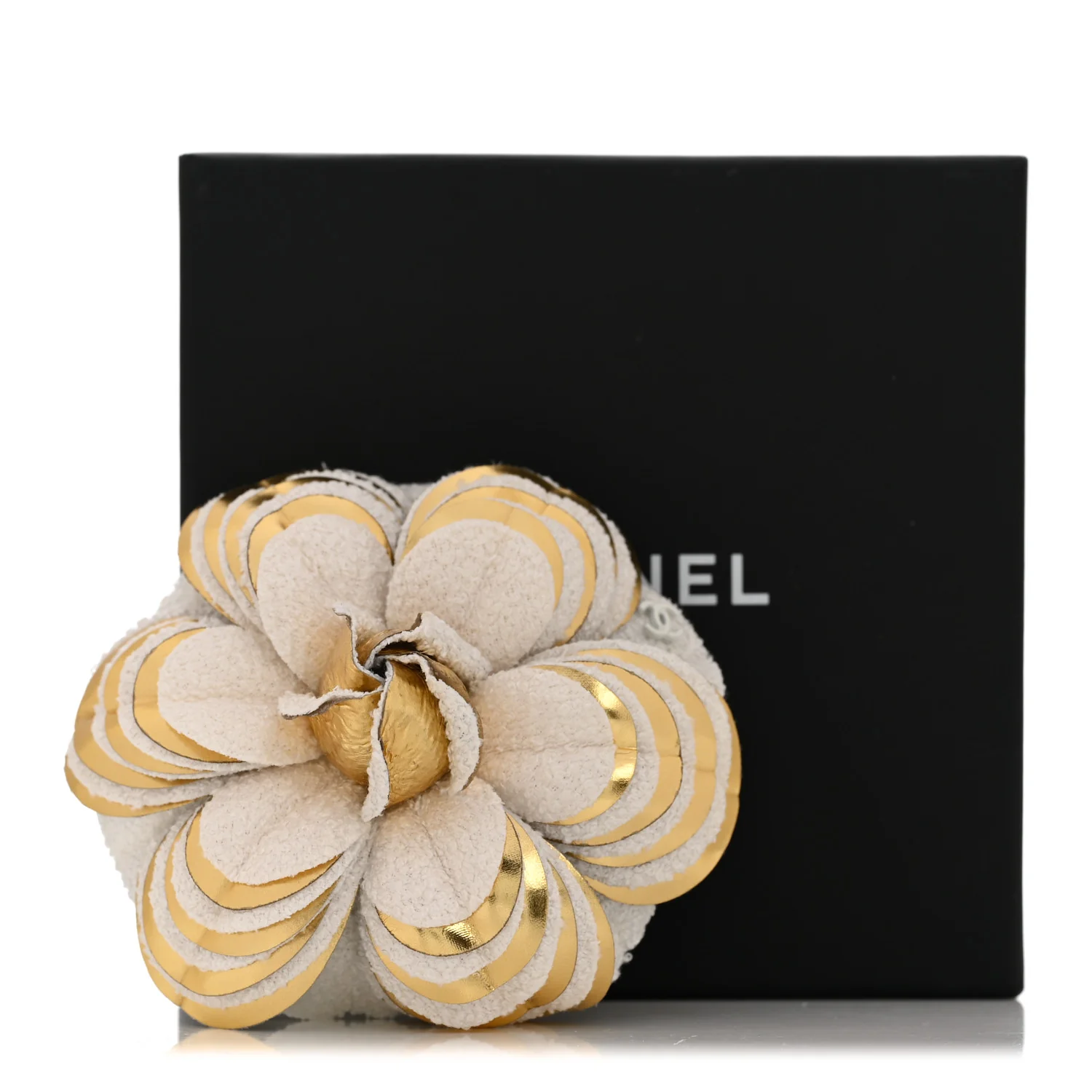 Tweed Laminated Lambskin Camellia CC Pin Brooch Ivory Gold - Image 4