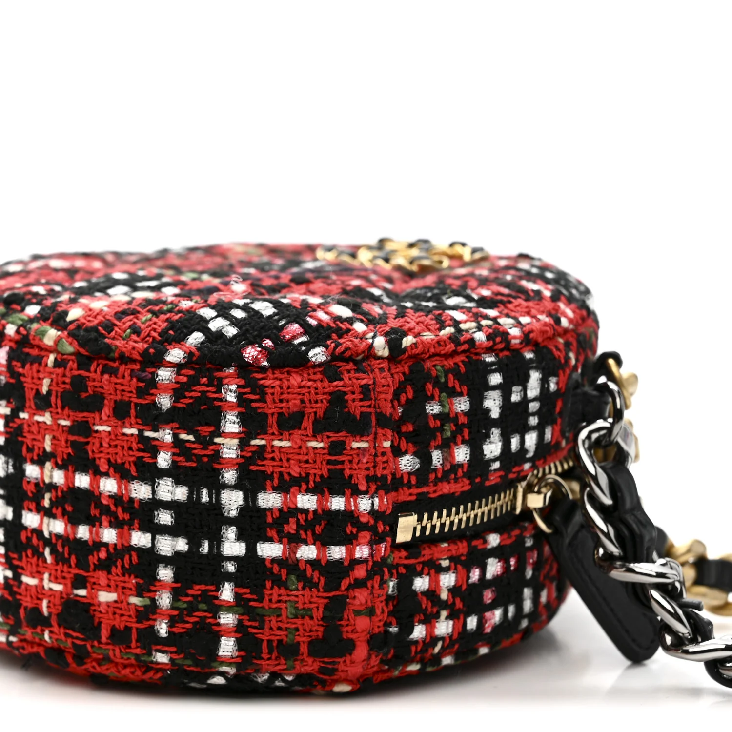 Tweed Quilted Chanel 19 Round Clutch With Chain Red Black White Green - Image 10