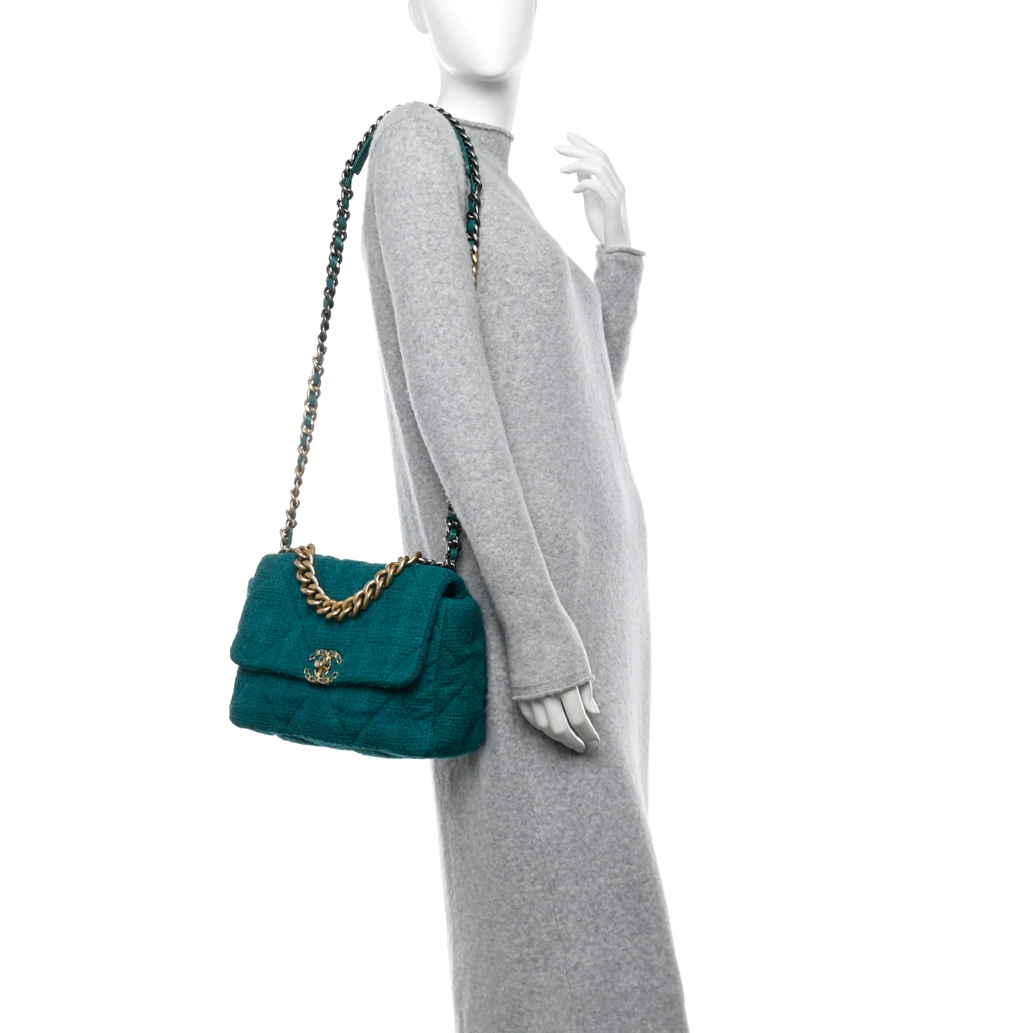 Tweed Quilted Large Chanel 19 Flap Green - Image 2