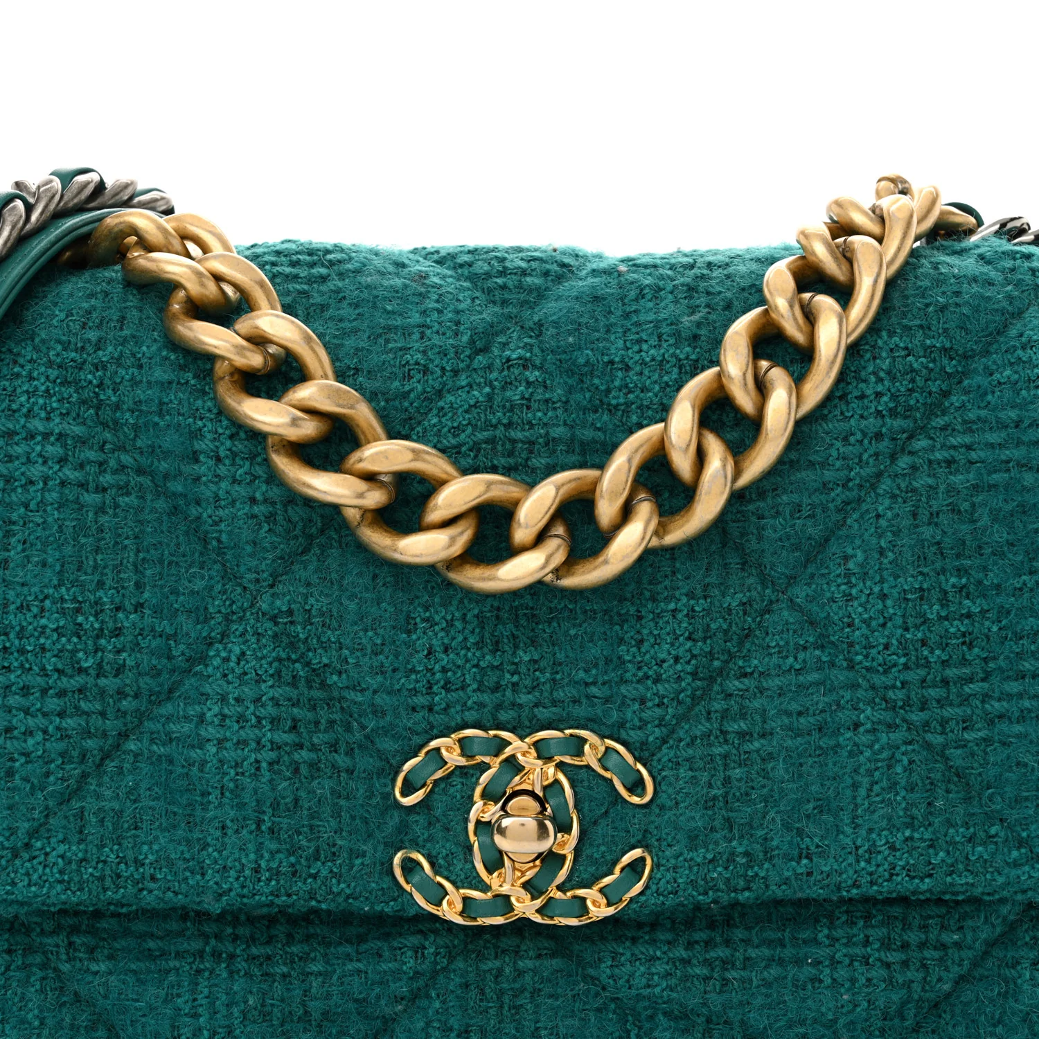 Tweed Quilted Large Chanel 19 Flap Green - Image 8