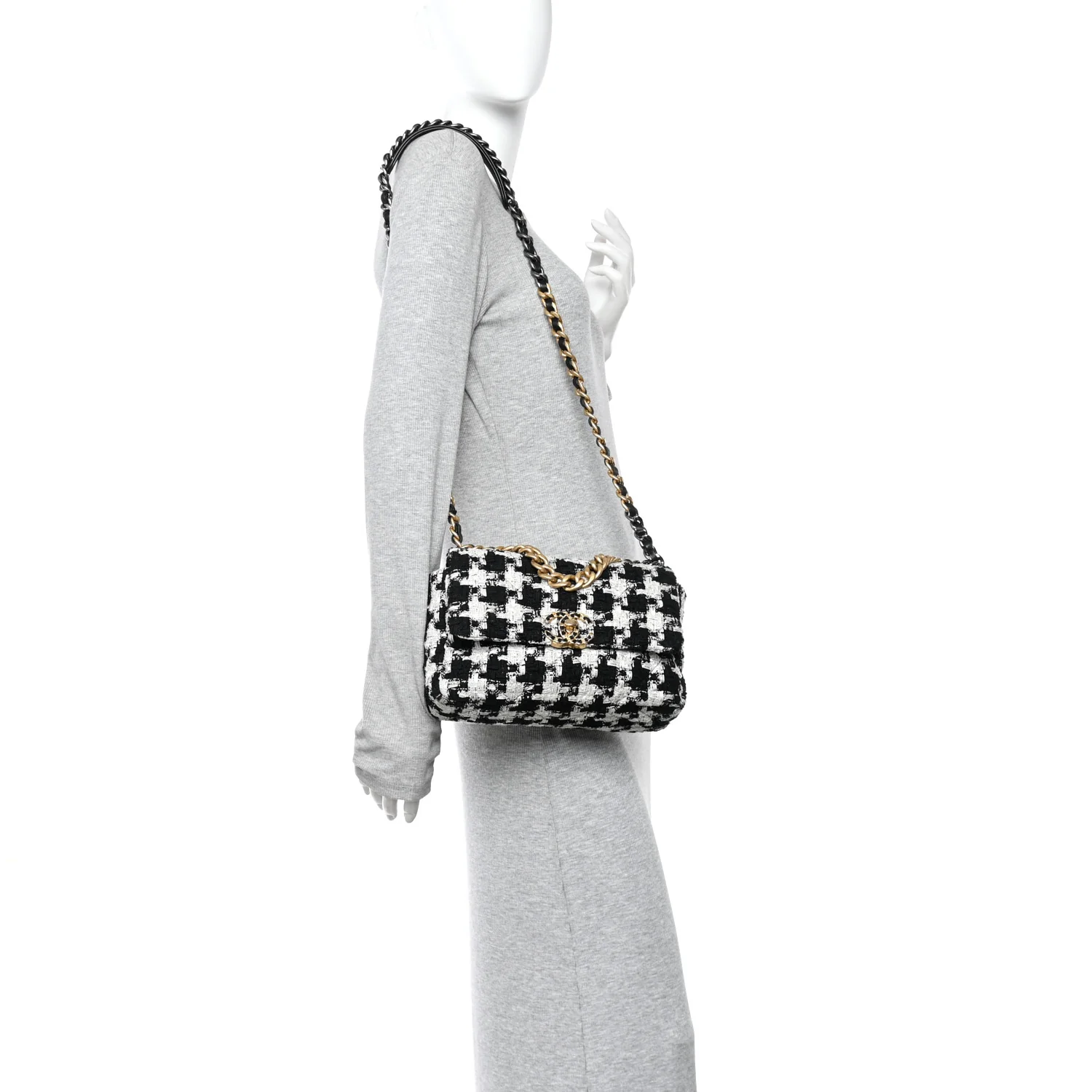 Tweed Quilted Medium Chanel 19 Flap Black Ecru White - Image 2