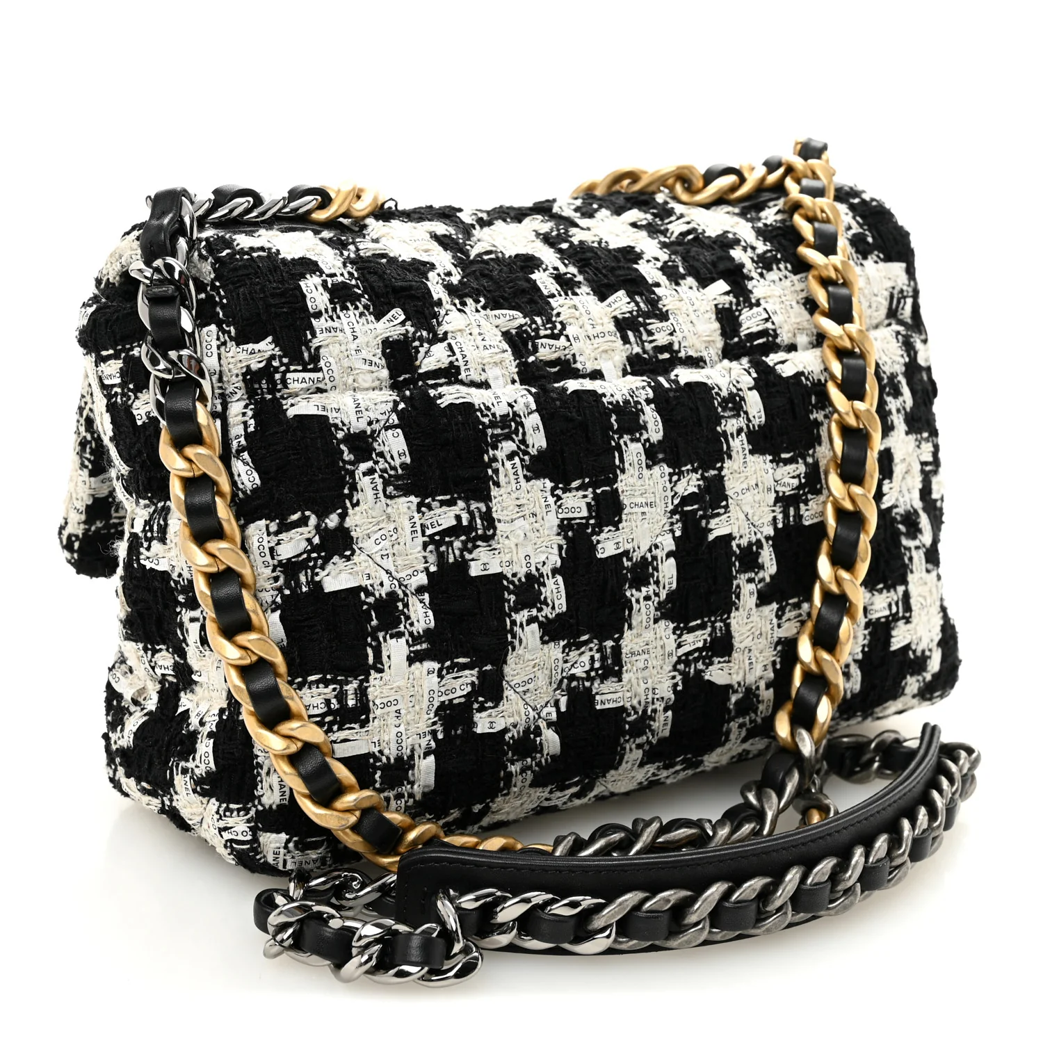 Tweed Quilted Medium Chanel 19 Flap Black Ecru White - Image 3