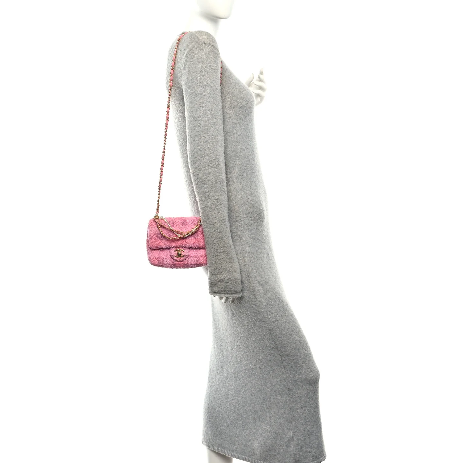 Tweed Quilted Pearl Twist Mini Square Flap Pink Dark Pink - Image 2