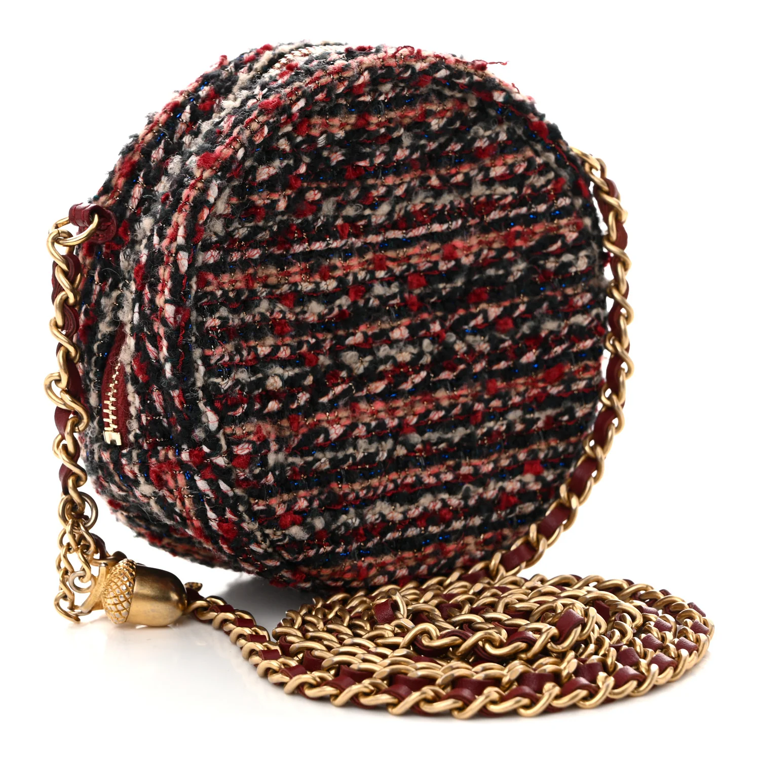 Tweed Quilted Round Clutch With Chain Red - Image 3