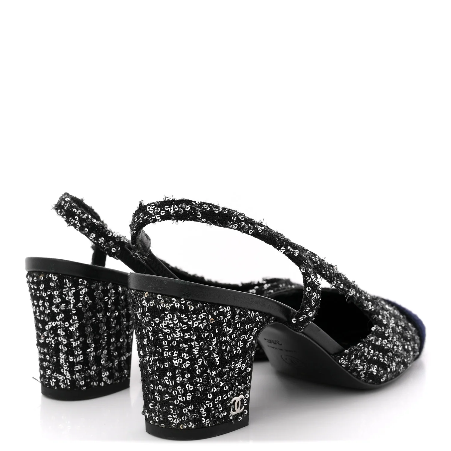 Tweed Sequin Cap Toe CC Slingback Pumps 38 Black White Silver - Image 5