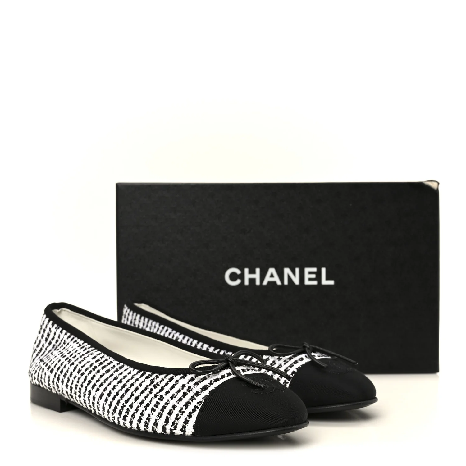 Tweed Sequin Grosgrain Cap Toe Ballerina Flats 39.5 Black White - Image 10