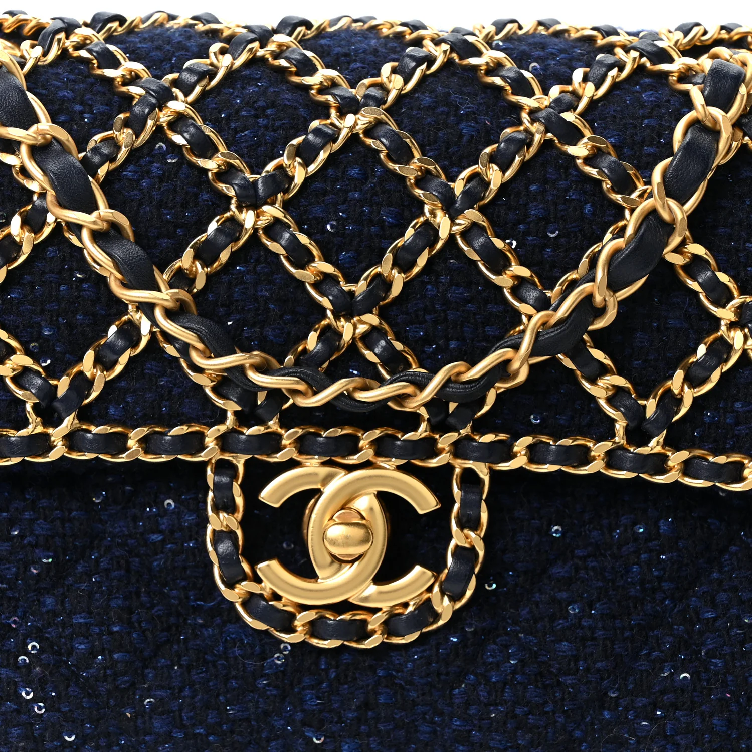 Tweed Sequin Timeless Classic Chained Double Flap Navy Blue - Image 8