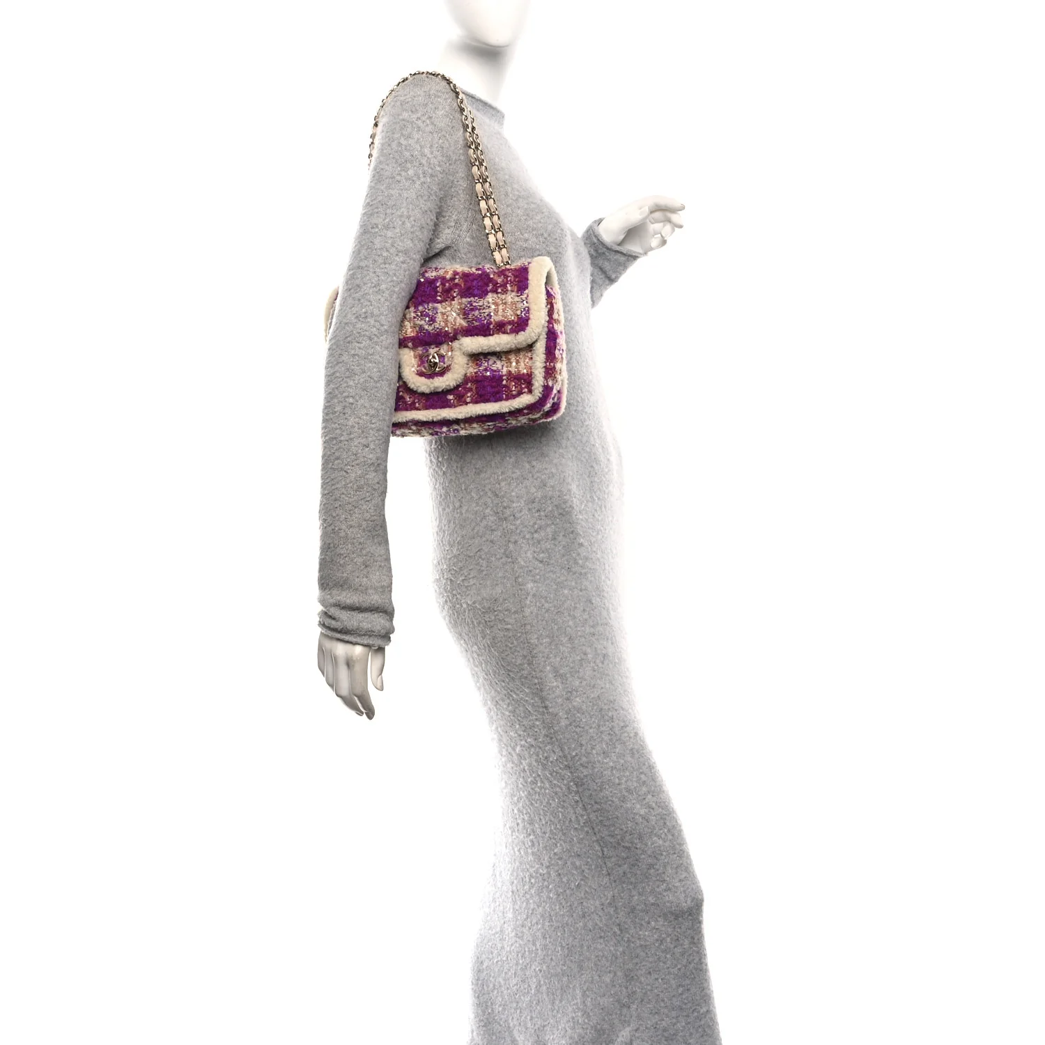 Tweed Shearling Large Flap Bag Purple Beige - Image 2