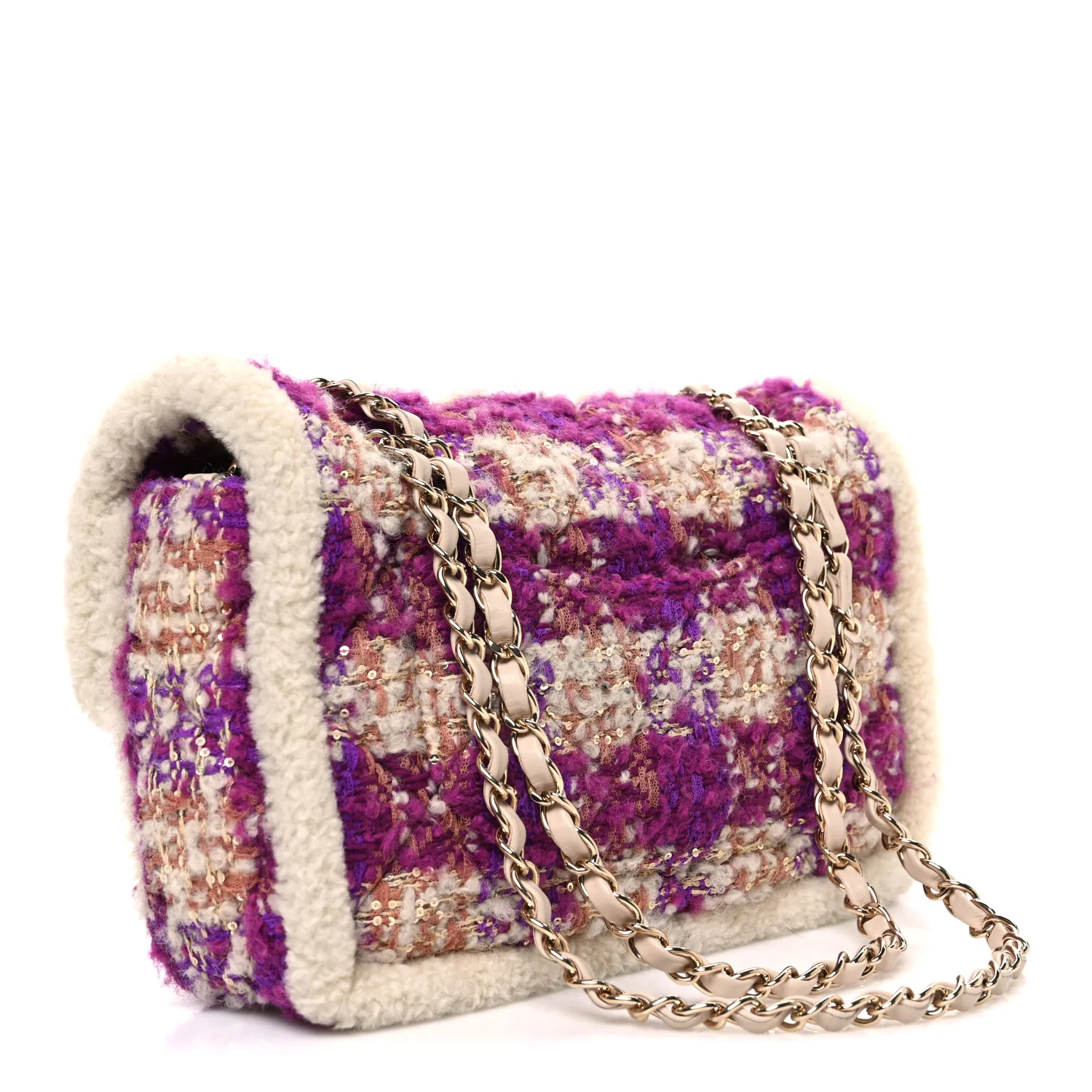 Tweed Shearling Large Flap Bag Purple Beige - Image 3