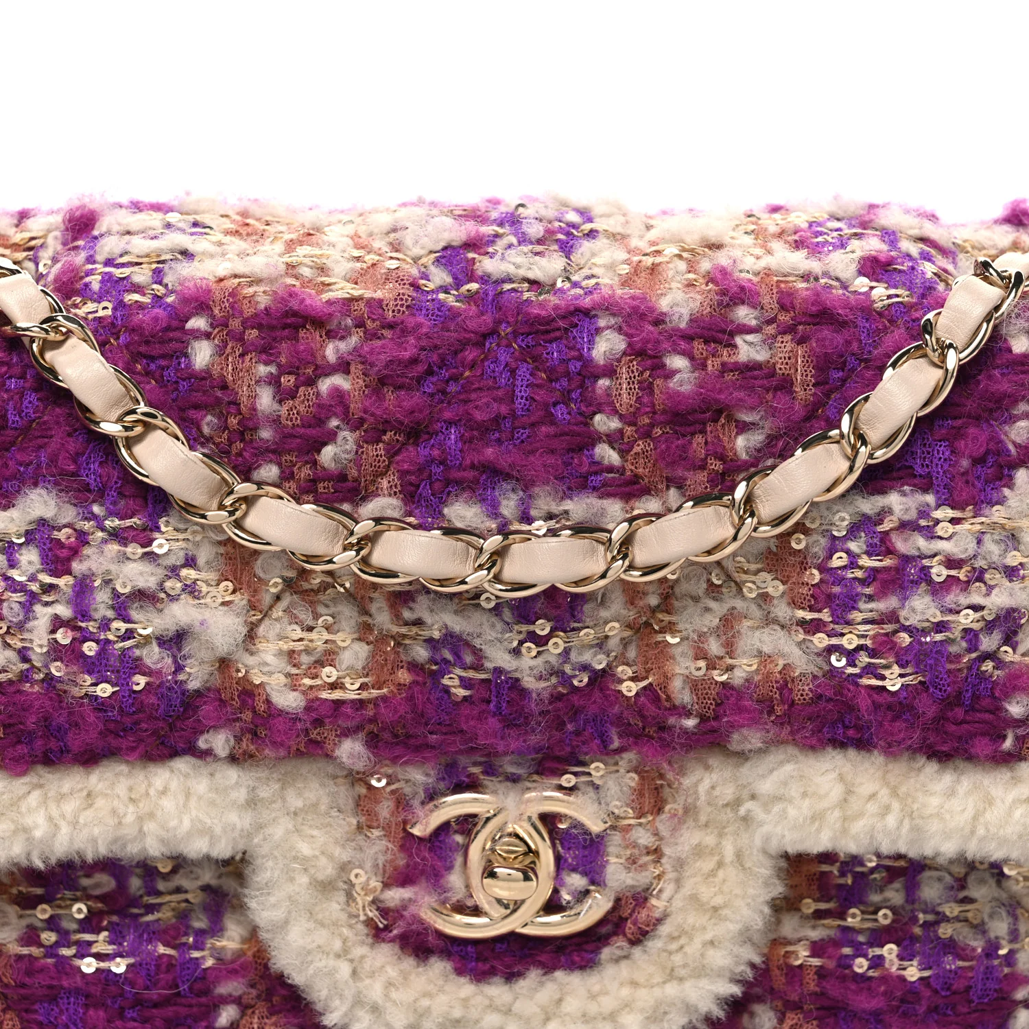 Tweed Shearling Large Flap Bag Purple Beige - Image 8