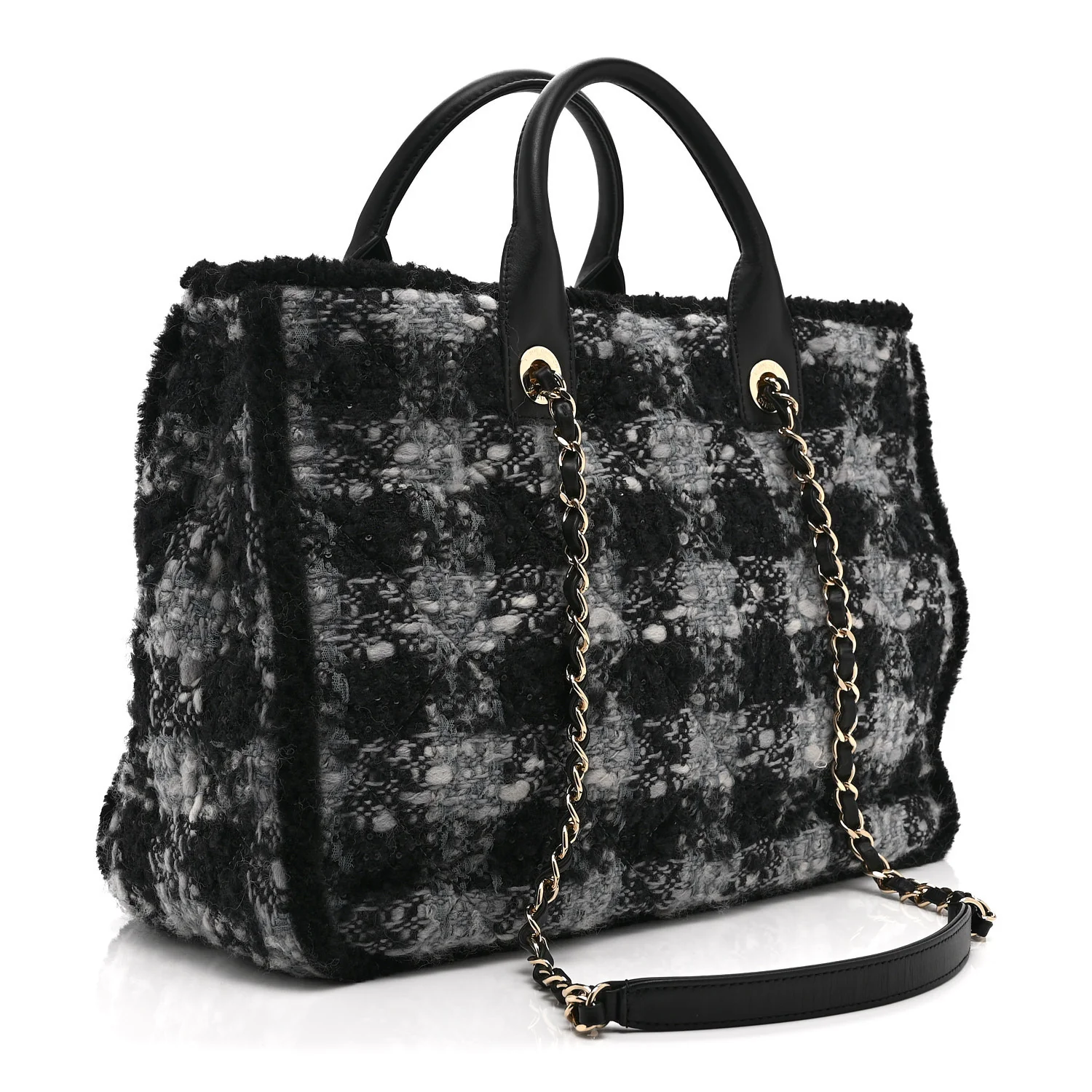 Tweed Shearling Quilted Lambskin Shopping Tote  Black Grey - Image 3
