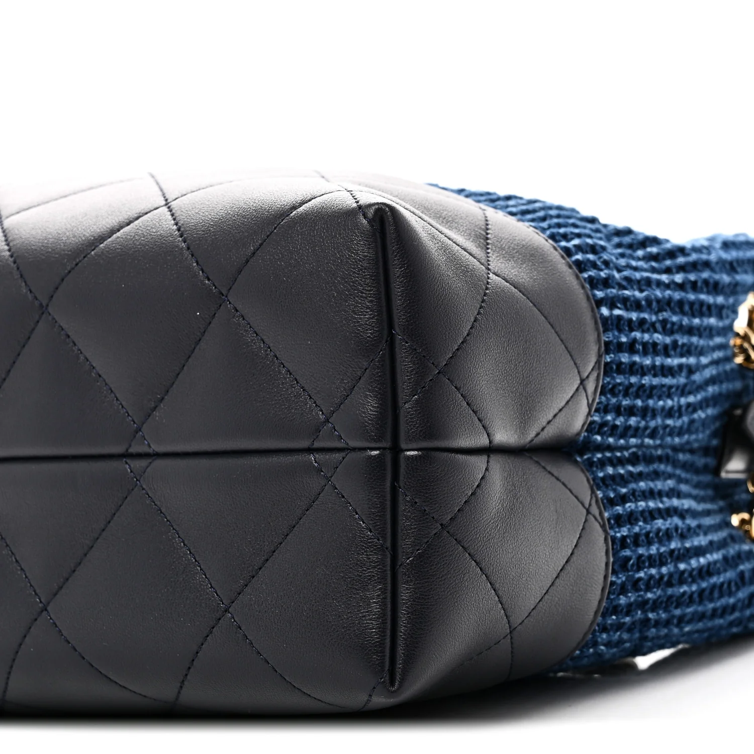 Tweed Shiny Lambskin Quilted Coco Base Small Shopping Bag Dark Blue - Image 10