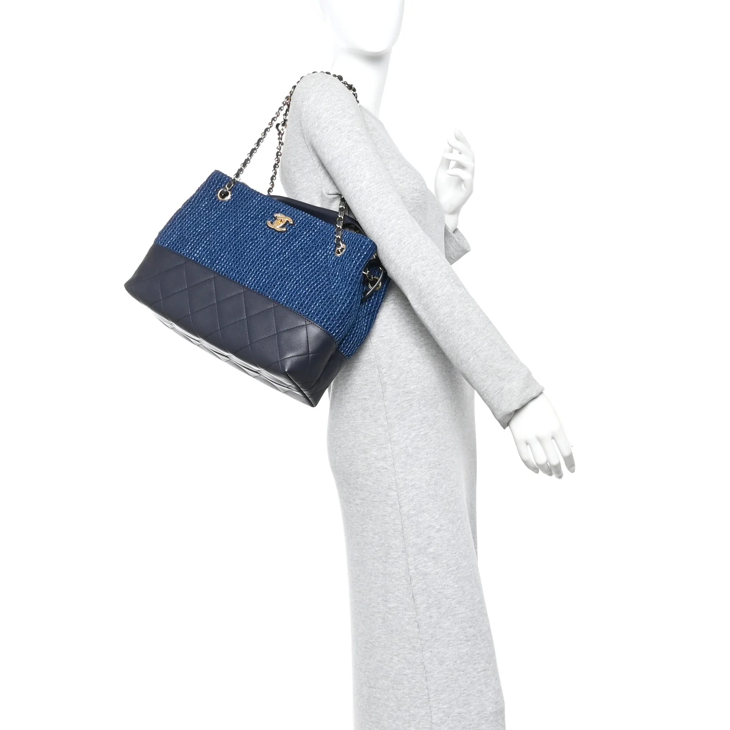 Tweed Shiny Lambskin Quilted Coco Base Small Shopping Bag Dark Blue - Image 2
