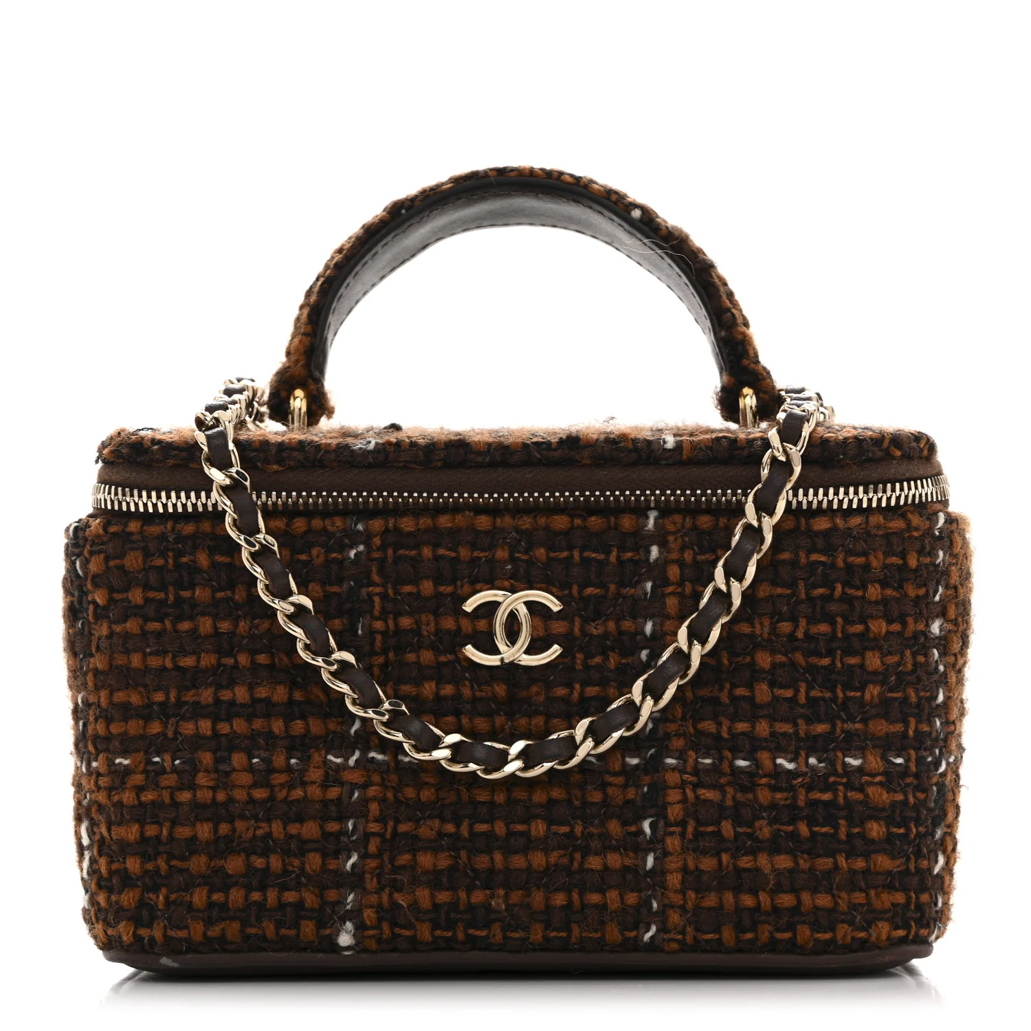 Tweed Small Top Handle Vanity Case With Chain Brown Multicolor