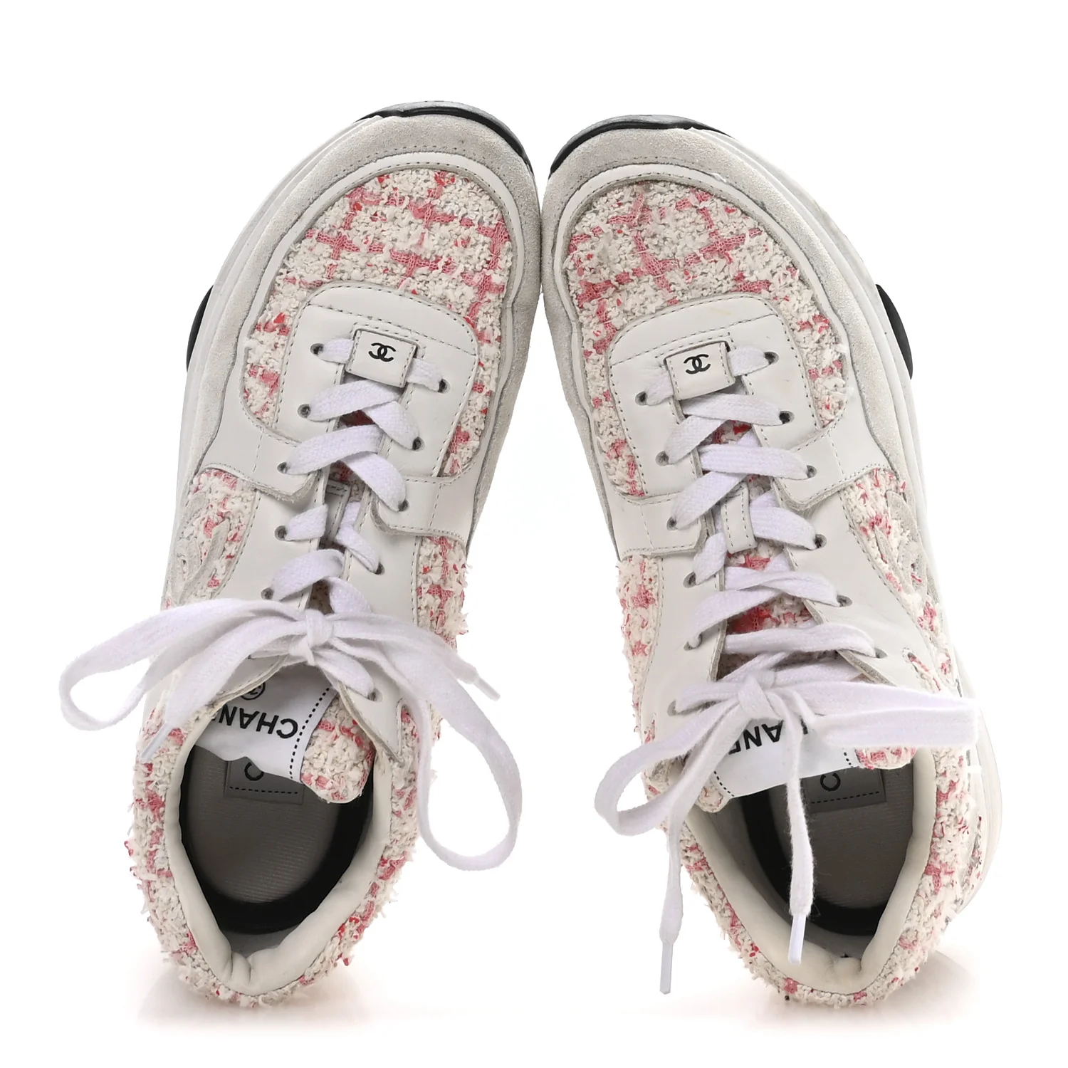 Tweed Suede Calfskin Womens CC Sneakers 39.5 Ecru Pink Red White - Image 2