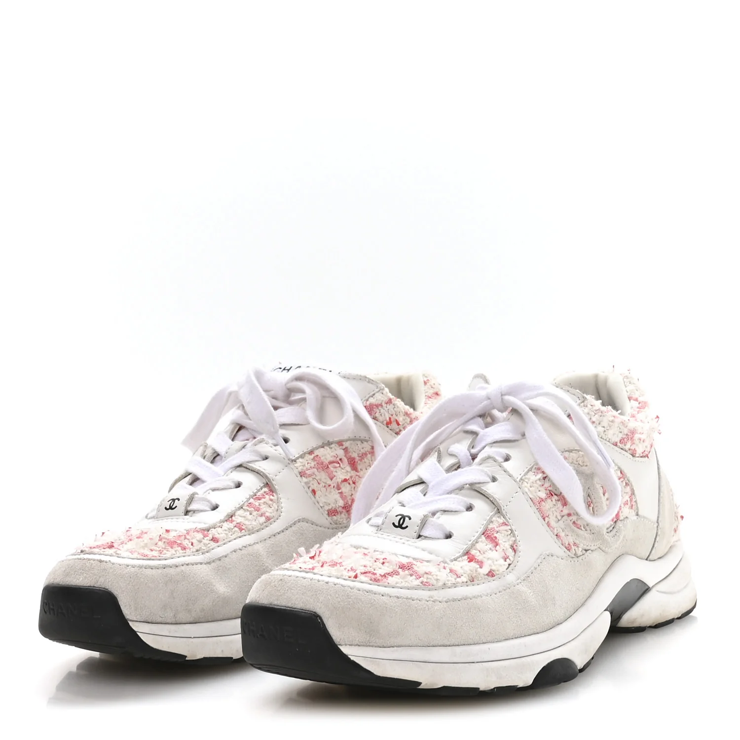 Tweed Suede Calfskin Womens CC Sneakers 39.5 Ecru Pink Red White - Image 4