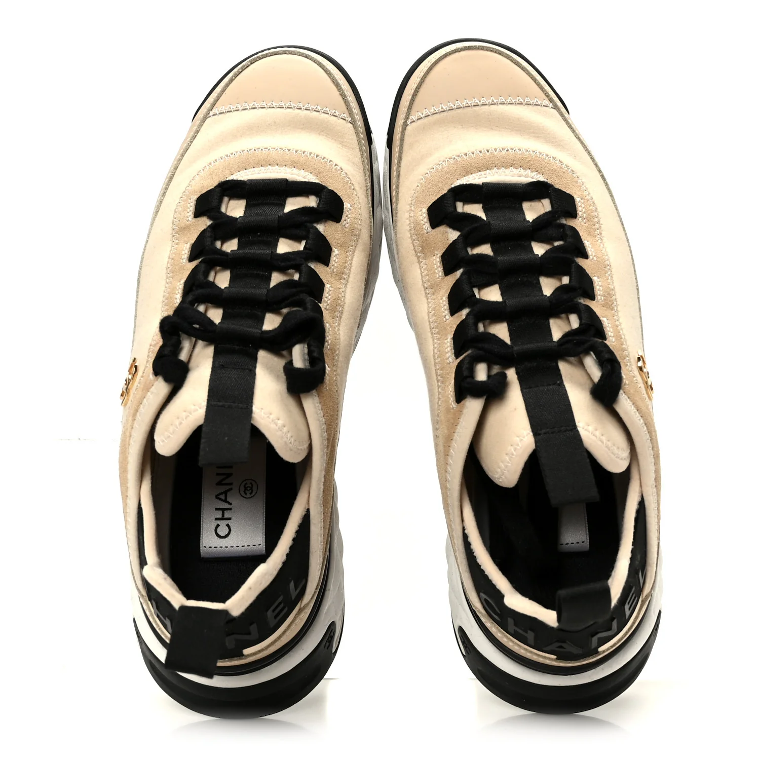 Velvet Calfskin Mixed Fibers CC Sneakers 37.5 Beige - Image 2