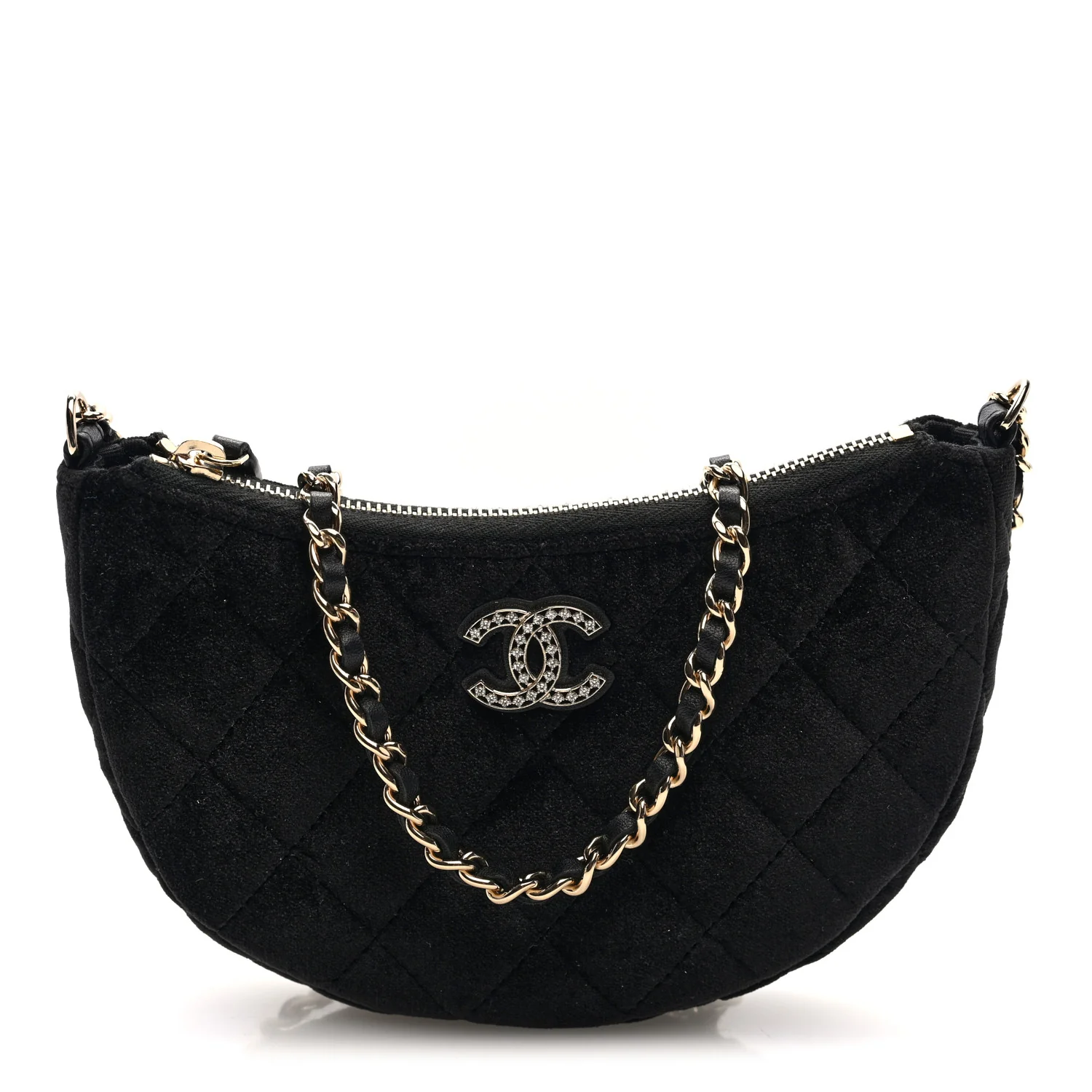 Velvet Crystal Quilted Chain Hobo Black