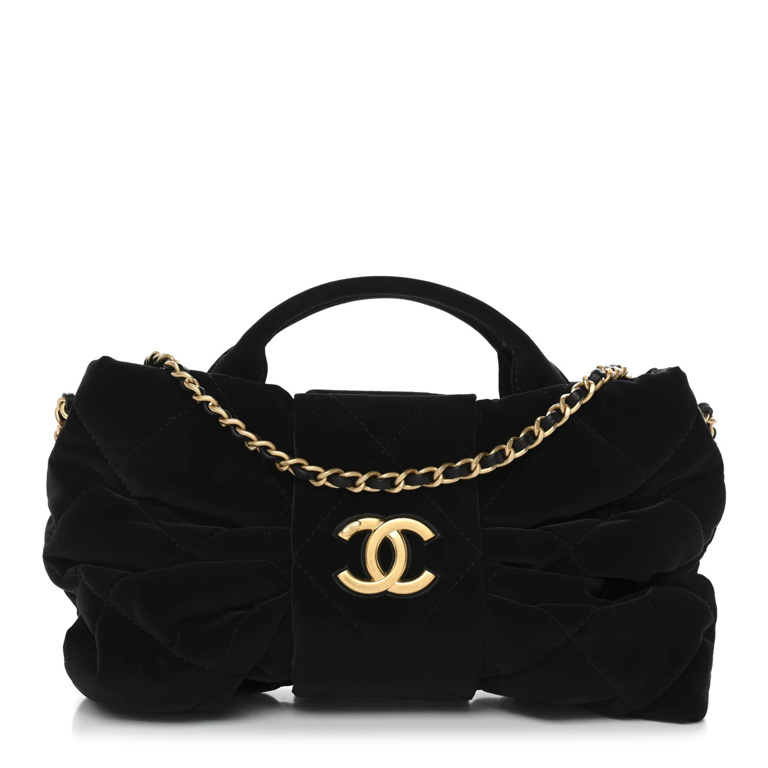 Velvet Effect Nylon Quilted Mini Bow Bag Black