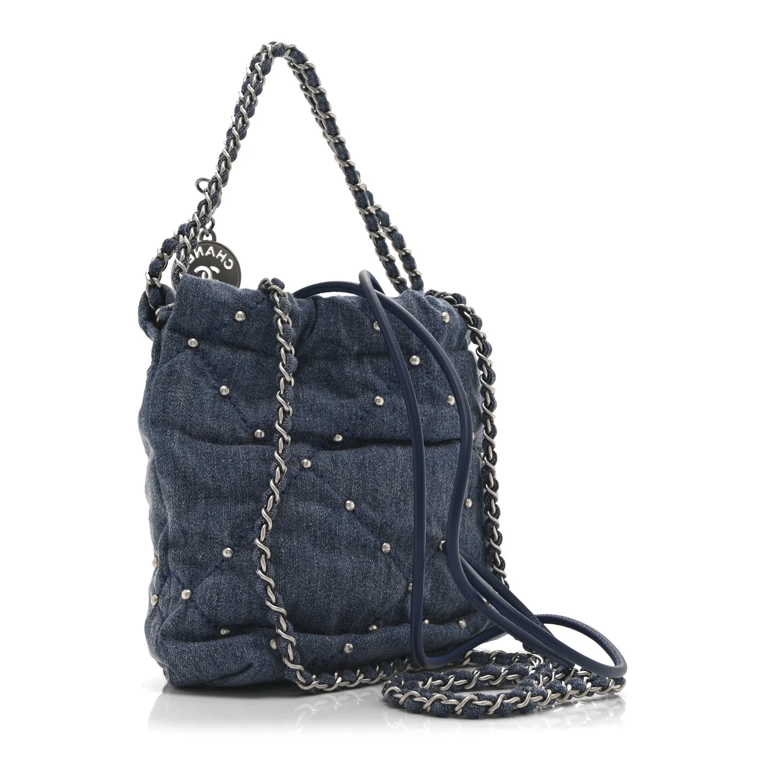 Washed Denim Quilted Studded Mini Chanel 22 Blue - Image 3