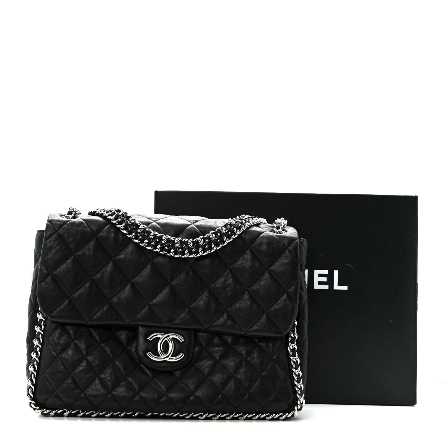 Washed Lambskin Quilted Maxi Chain Around Flap Black - Image 12