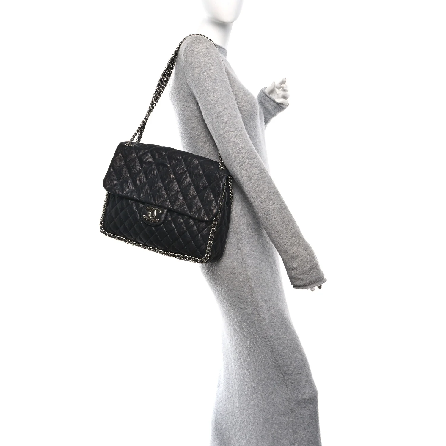 Washed Lambskin Quilted Maxi Chain Around Flap Black - Image 2
