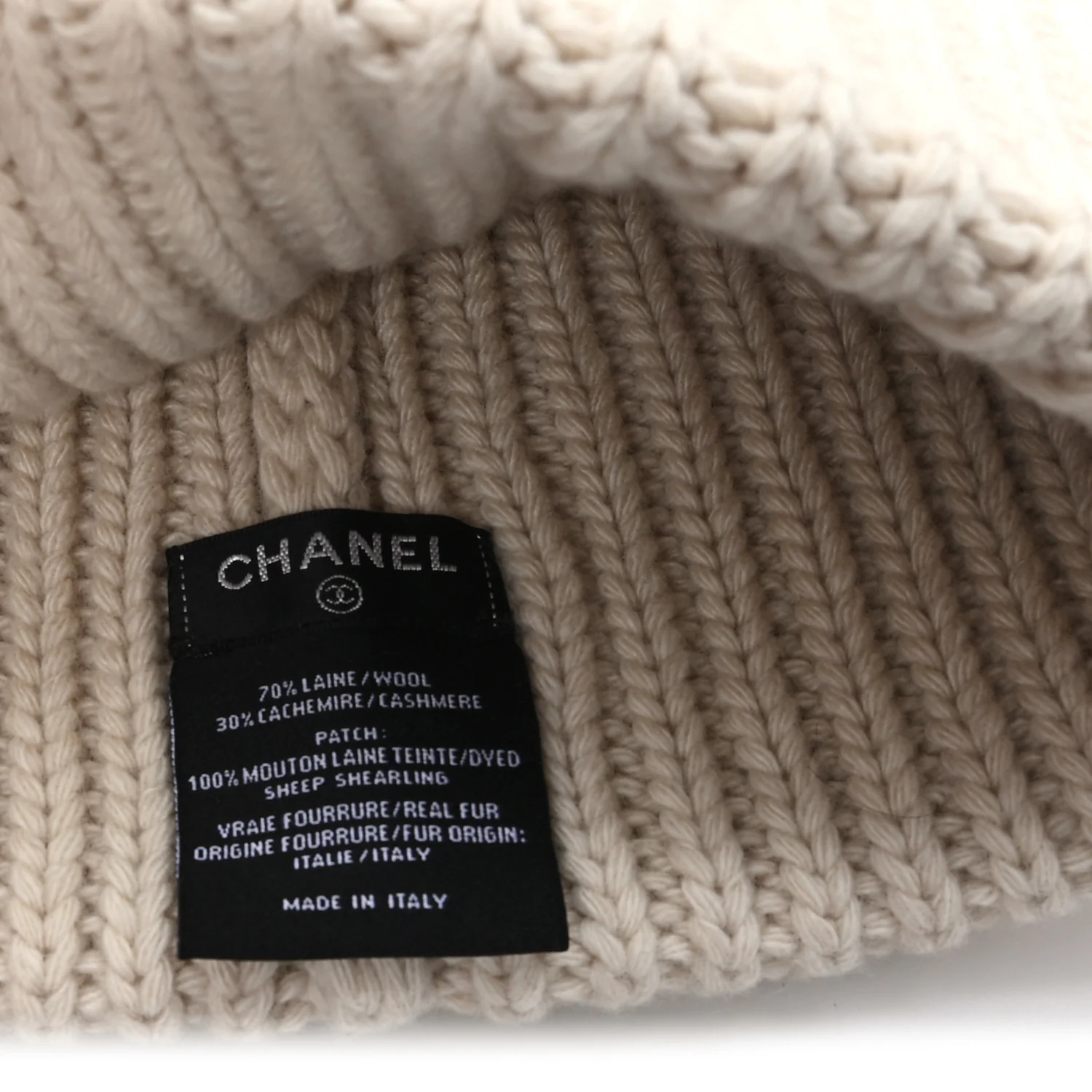 Wool Cashmere Sheepskin Shearling CC Patch Beanie Hat  Ecru Dark Beige - Image 5
