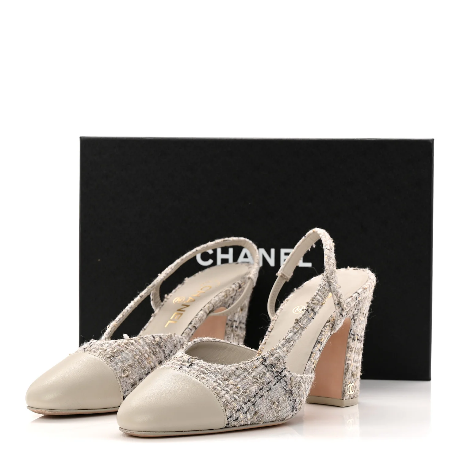 Wool Cotton Tweed Lambskin Cap Toe CC Slingback Pumps 39.5 Grey Black Gold - Image 10