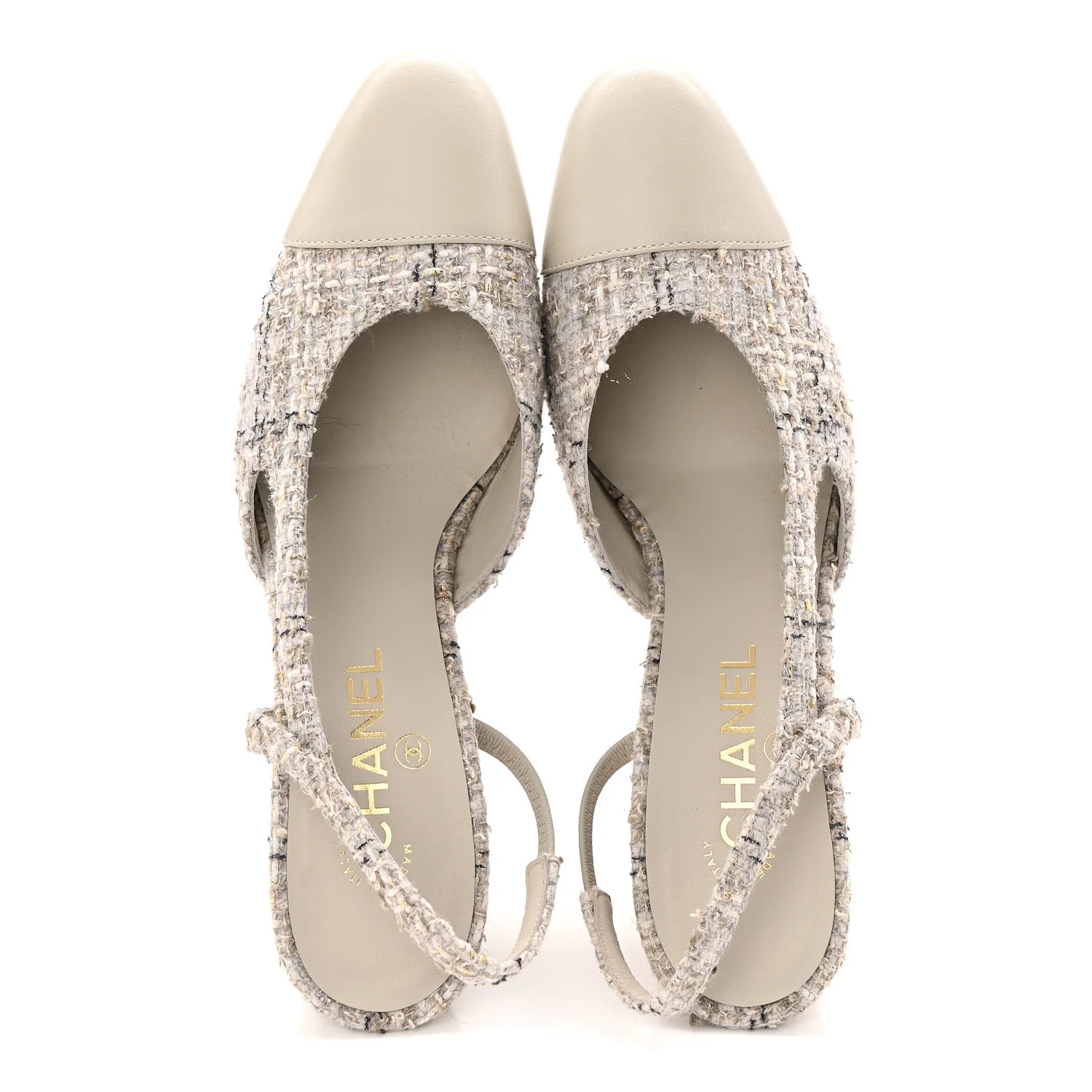 Wool Cotton Tweed Lambskin Cap Toe CC Slingback Pumps 39.5 Grey Black Gold - Image 2