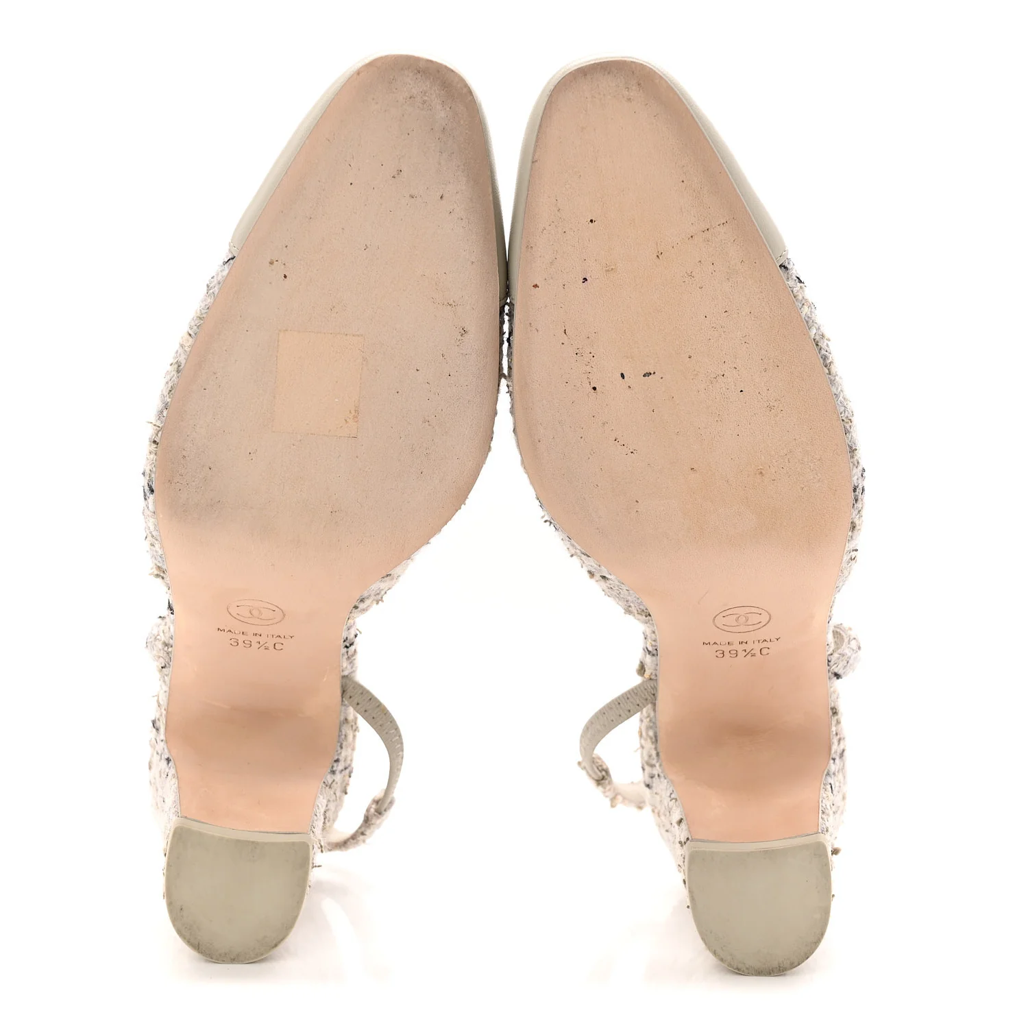 Wool Cotton Tweed Lambskin Cap Toe CC Slingback Pumps 39.5 Grey Black Gold - Image 6