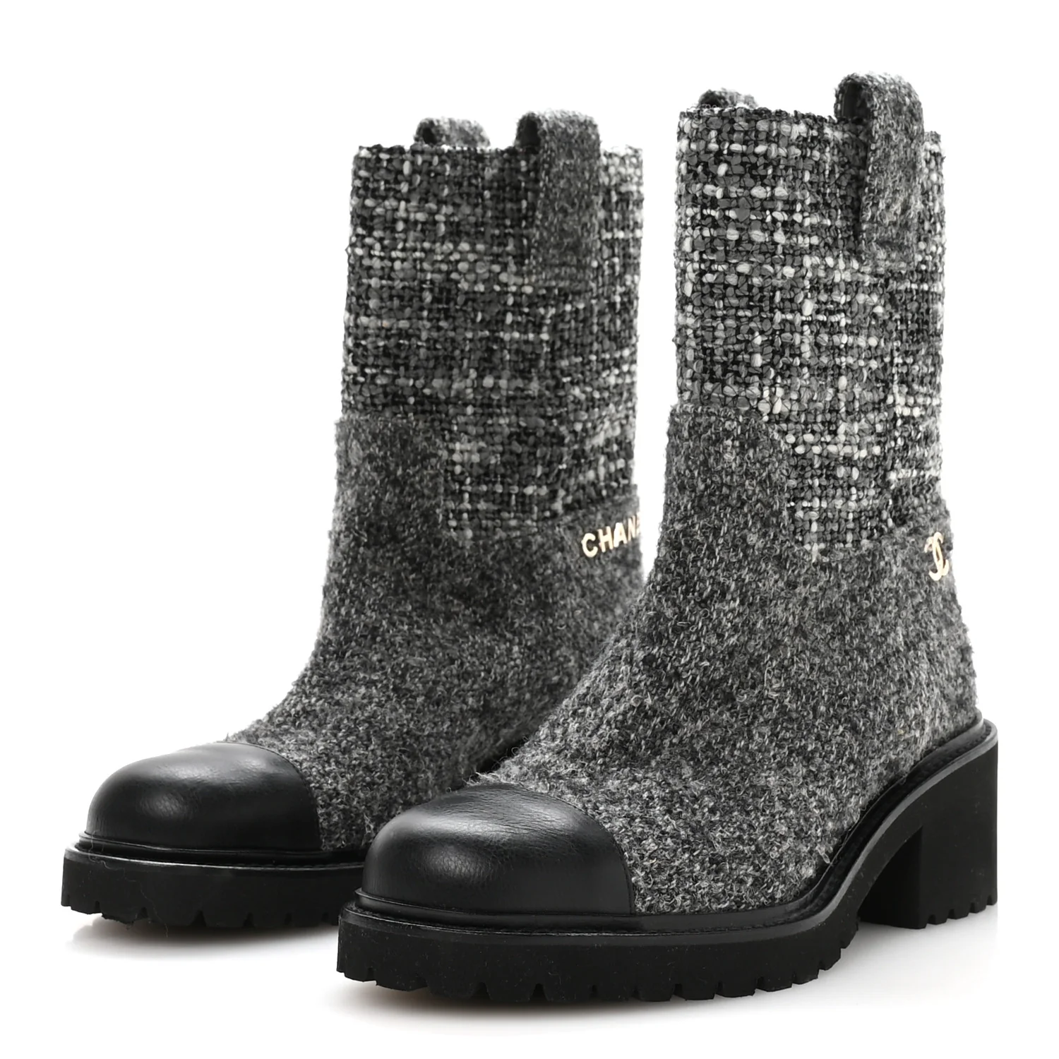 Wool Tweed CC Cap Toe Ankle Boots 38.5 Black Grey - Image 4
