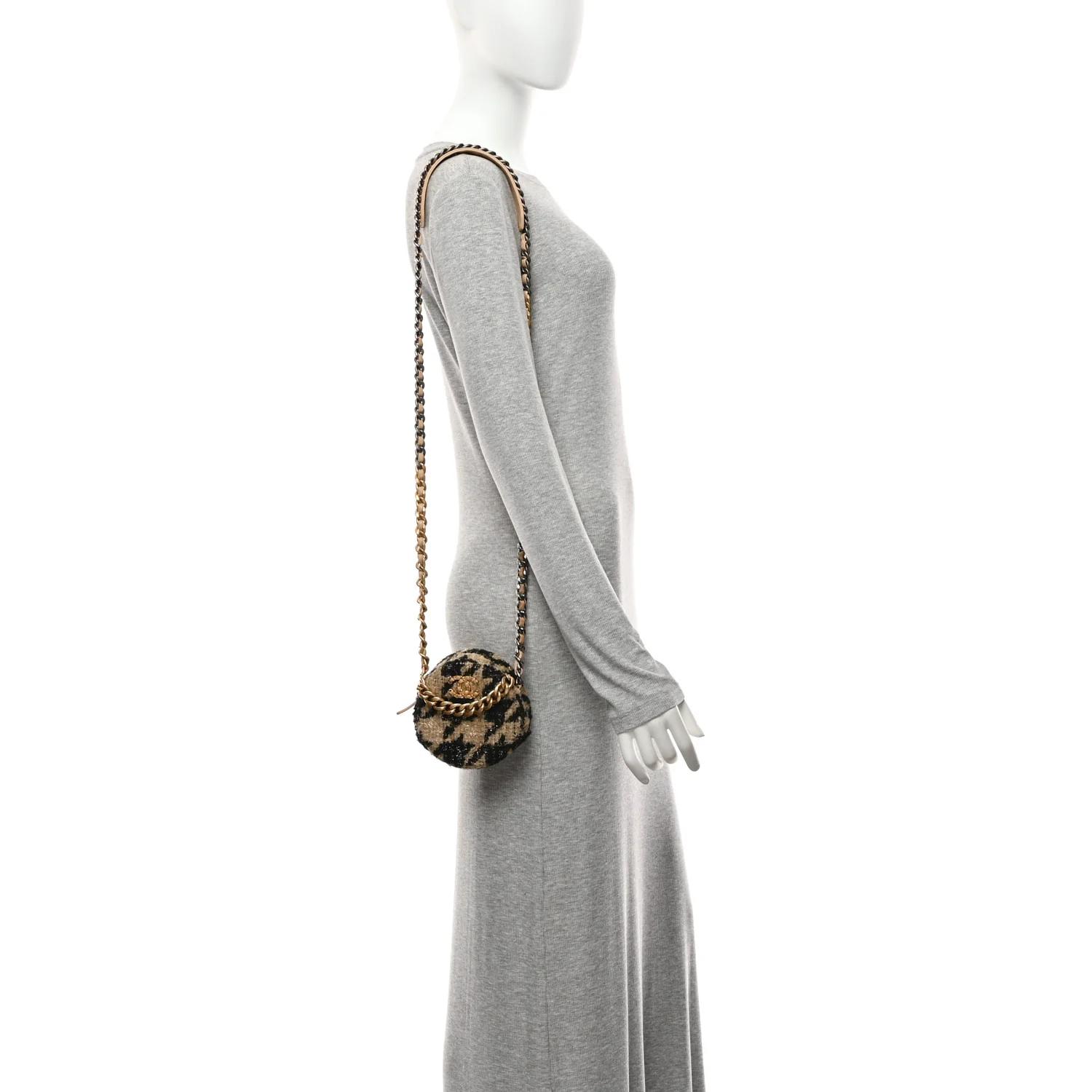 Wool Tweed Lambskin Quilted Chanel 19 Round Clutch With Chain and Coin Purse Beige Black - Image 2