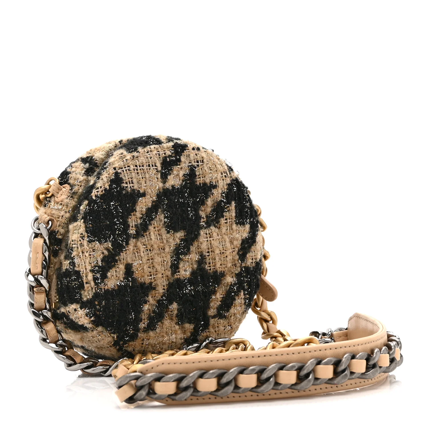 Wool Tweed Lambskin Quilted Chanel 19 Round Clutch With Chain and Coin Purse Beige Black - Image 3