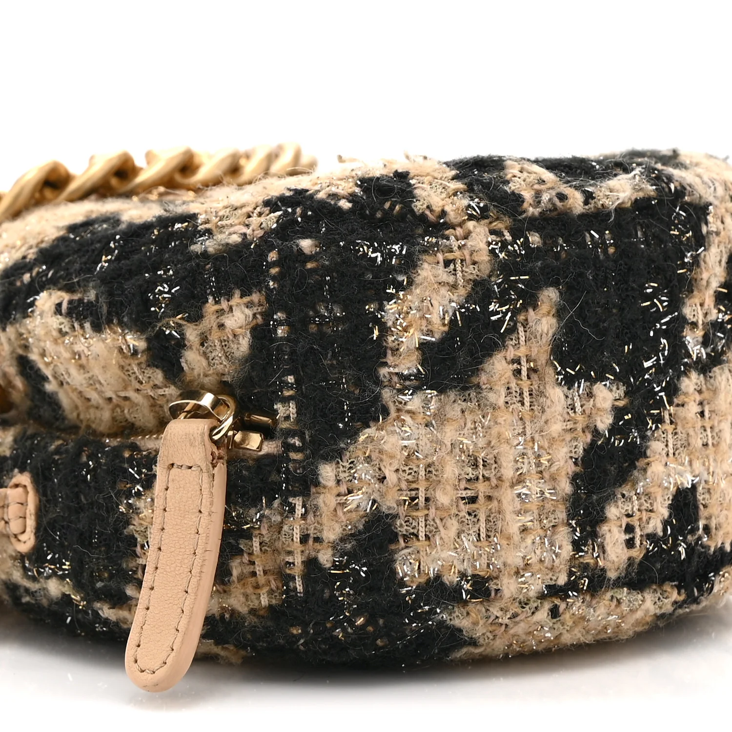 Wool Tweed Lambskin Quilted Chanel 19 Round Clutch With Chain and Coin Purse Beige Black - Image 9