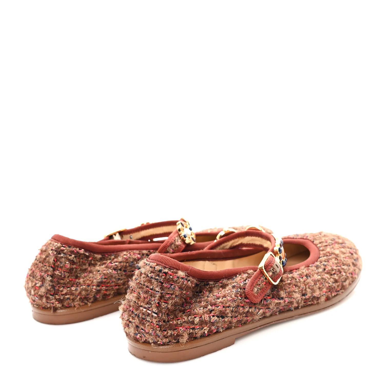 Wool Tweed Mary Jane Flats 37.5 Brown Red Dark Blue - Image 4