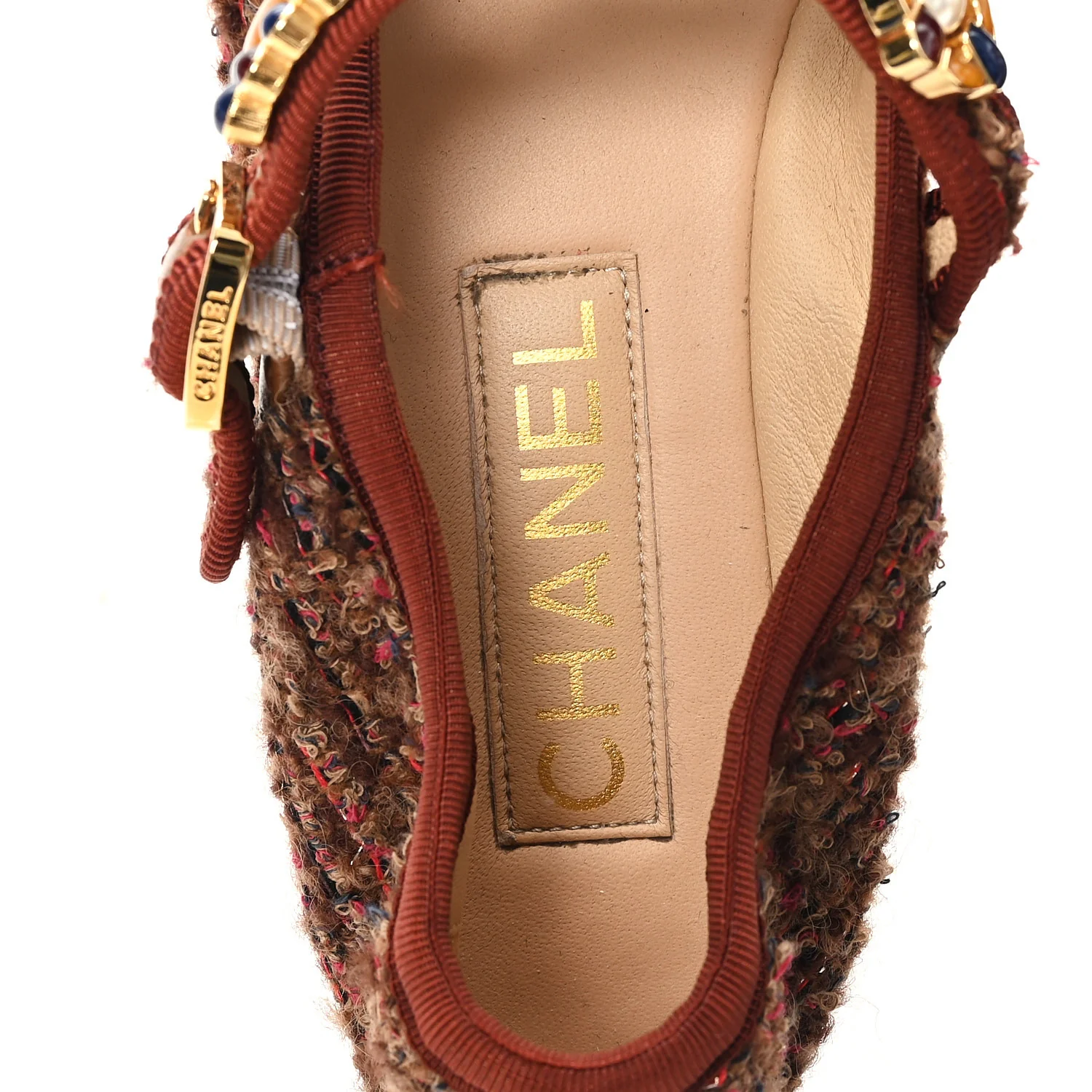 Wool Tweed Mary Jane Flats 37.5 Brown Red Dark Blue - Image 7