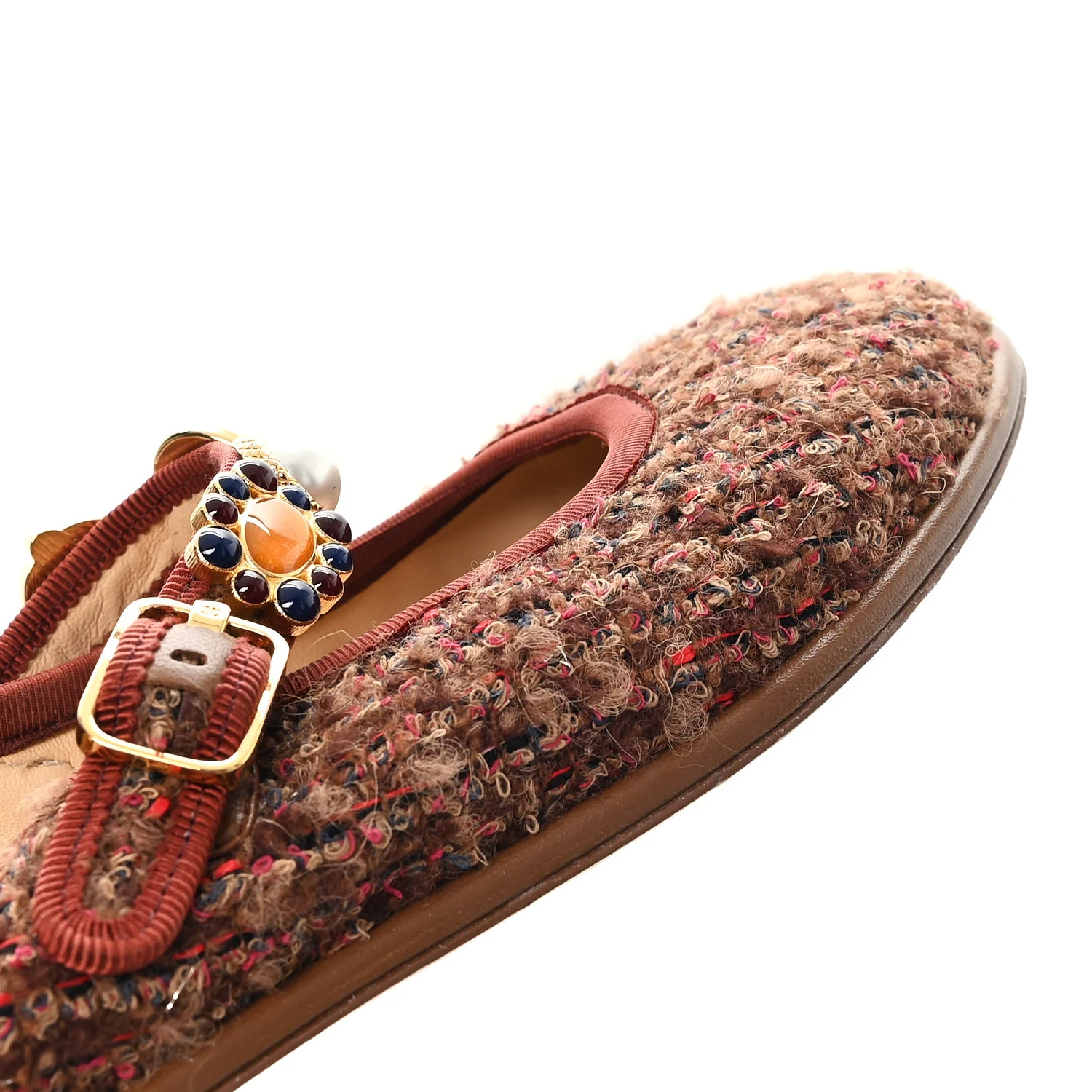 Wool Tweed Mary Jane Flats 37.5 Brown Red Dark Blue - Image 9