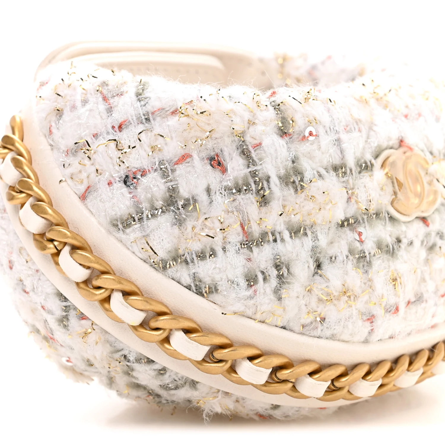 Wool Tweed Quilted Chain Around Mini Pouch Ecru Khaki Gold Red - Image 8