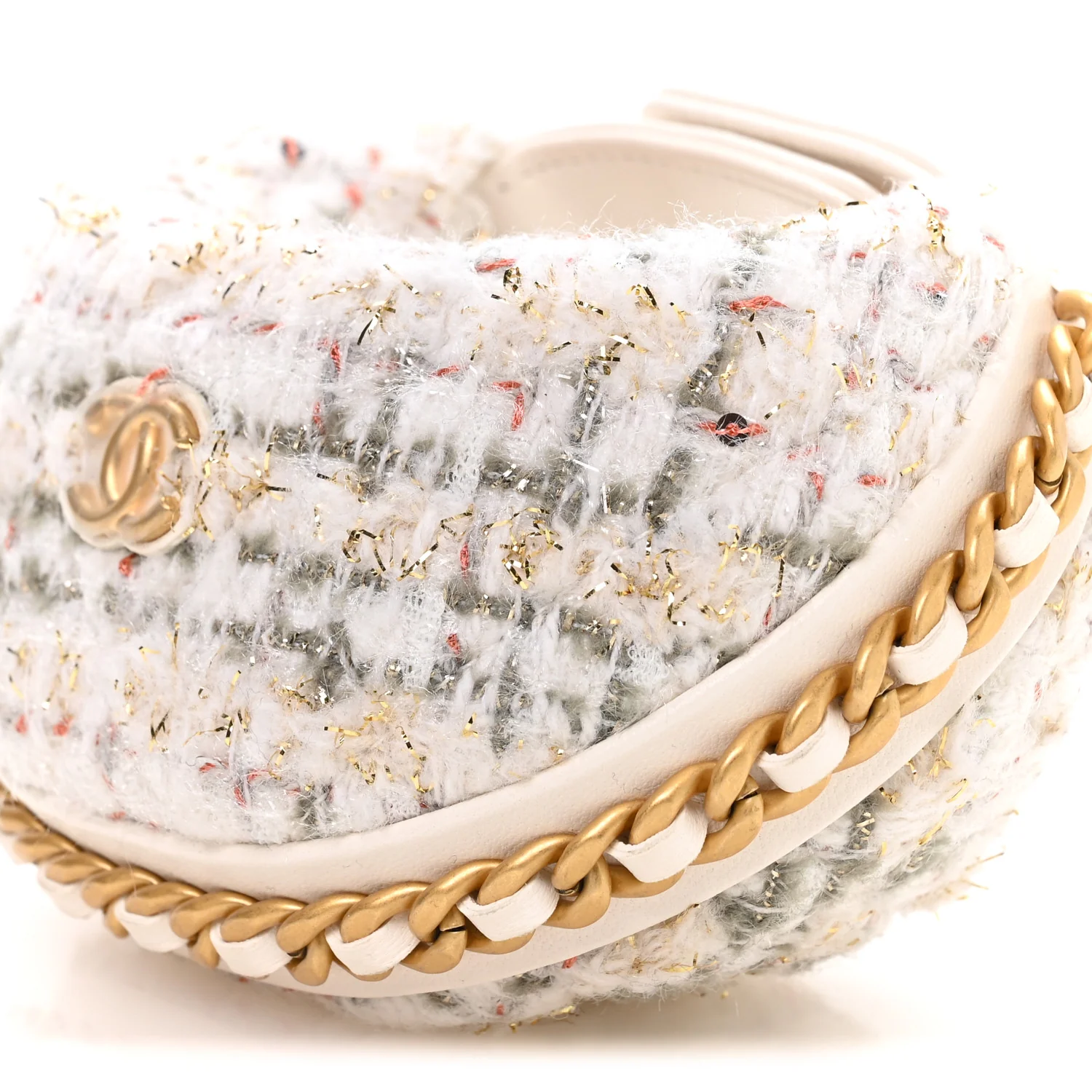 Wool Tweed Quilted Chain Around Mini Pouch Ecru Khaki Gold Red - Image 9