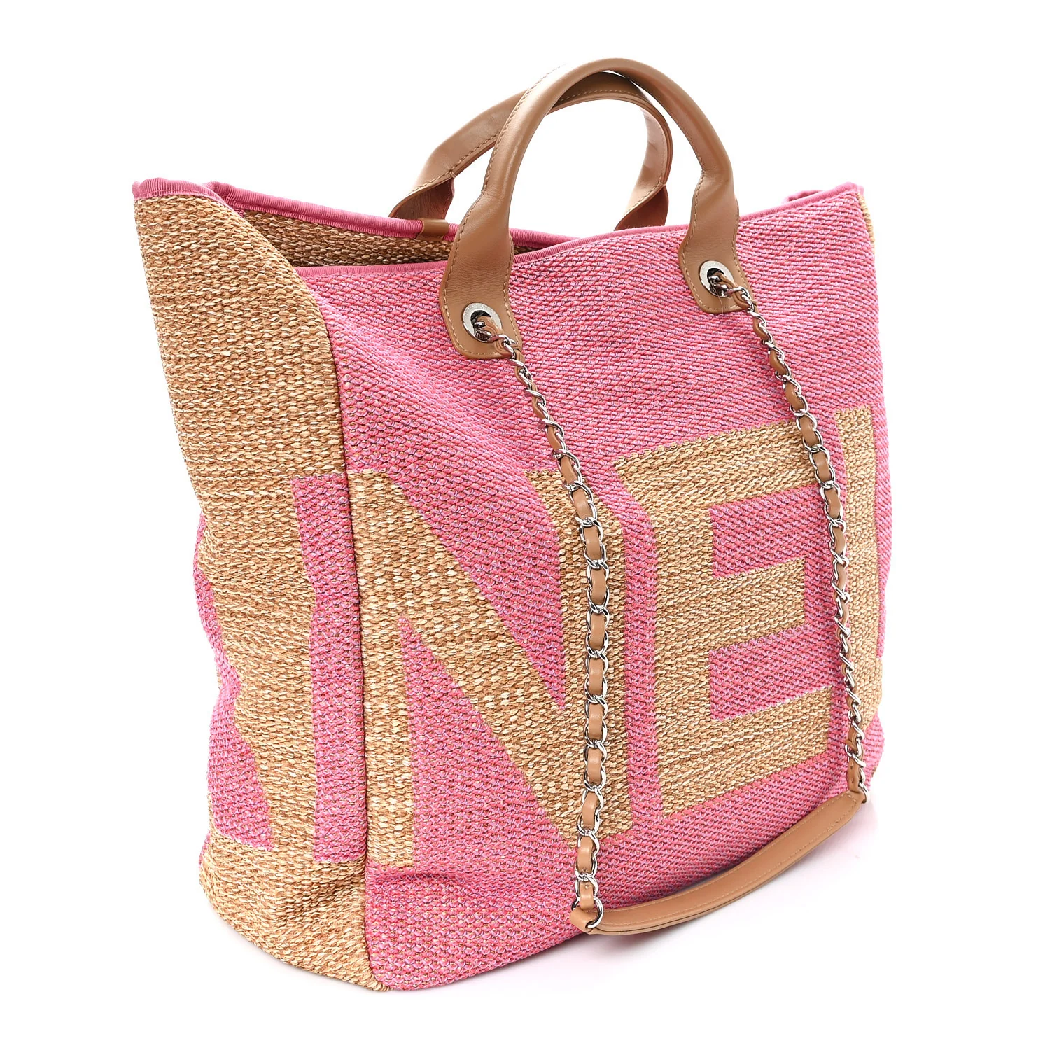 Woven Straw Raffia Logo Tote Pink Beige - Image 3