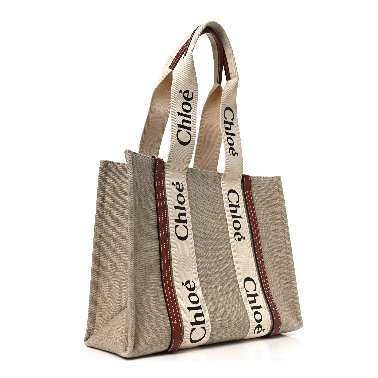 Cotton Calfskin Medium Woody Ribbon Tote White Brown - Image 3