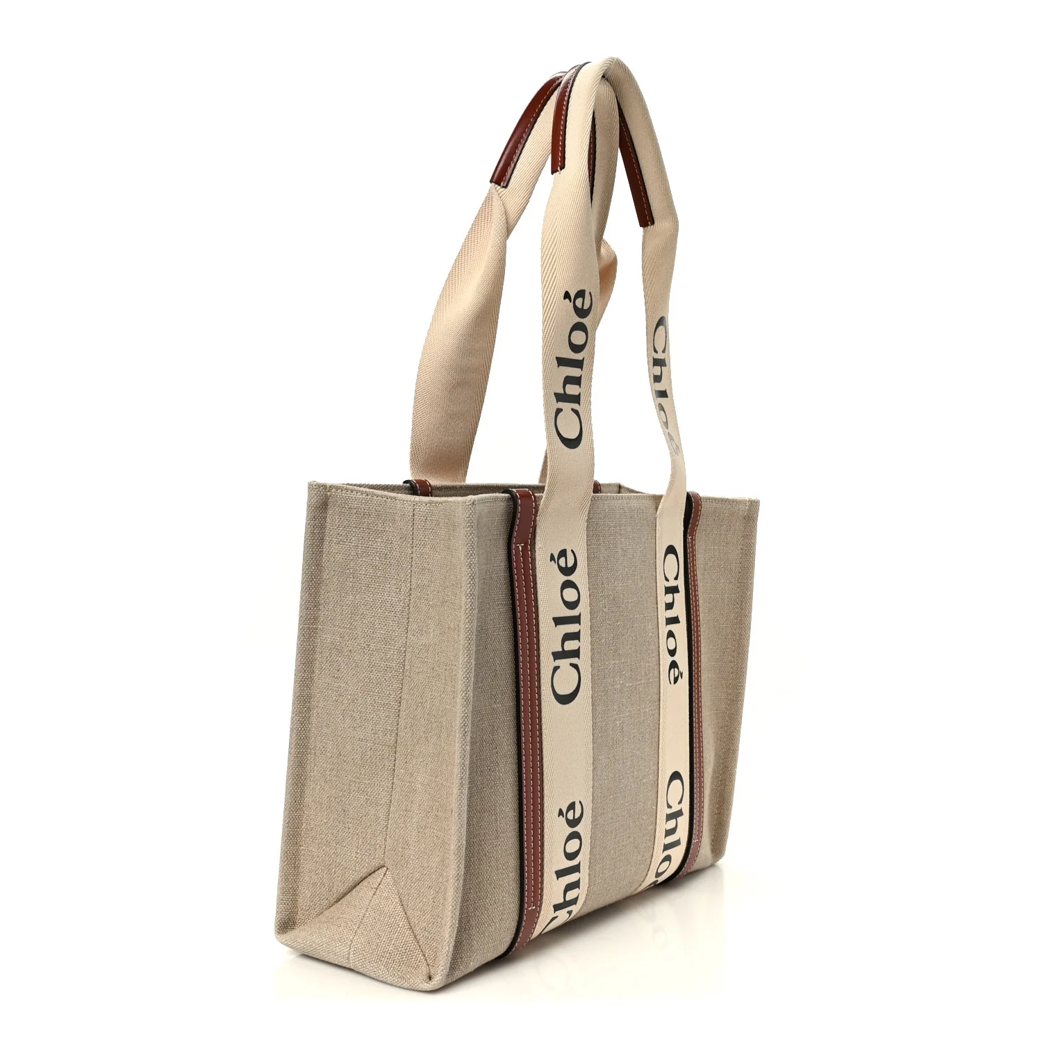 Cotton Calfskin Medium Woody Ribbon Tote White Brown - Image 3